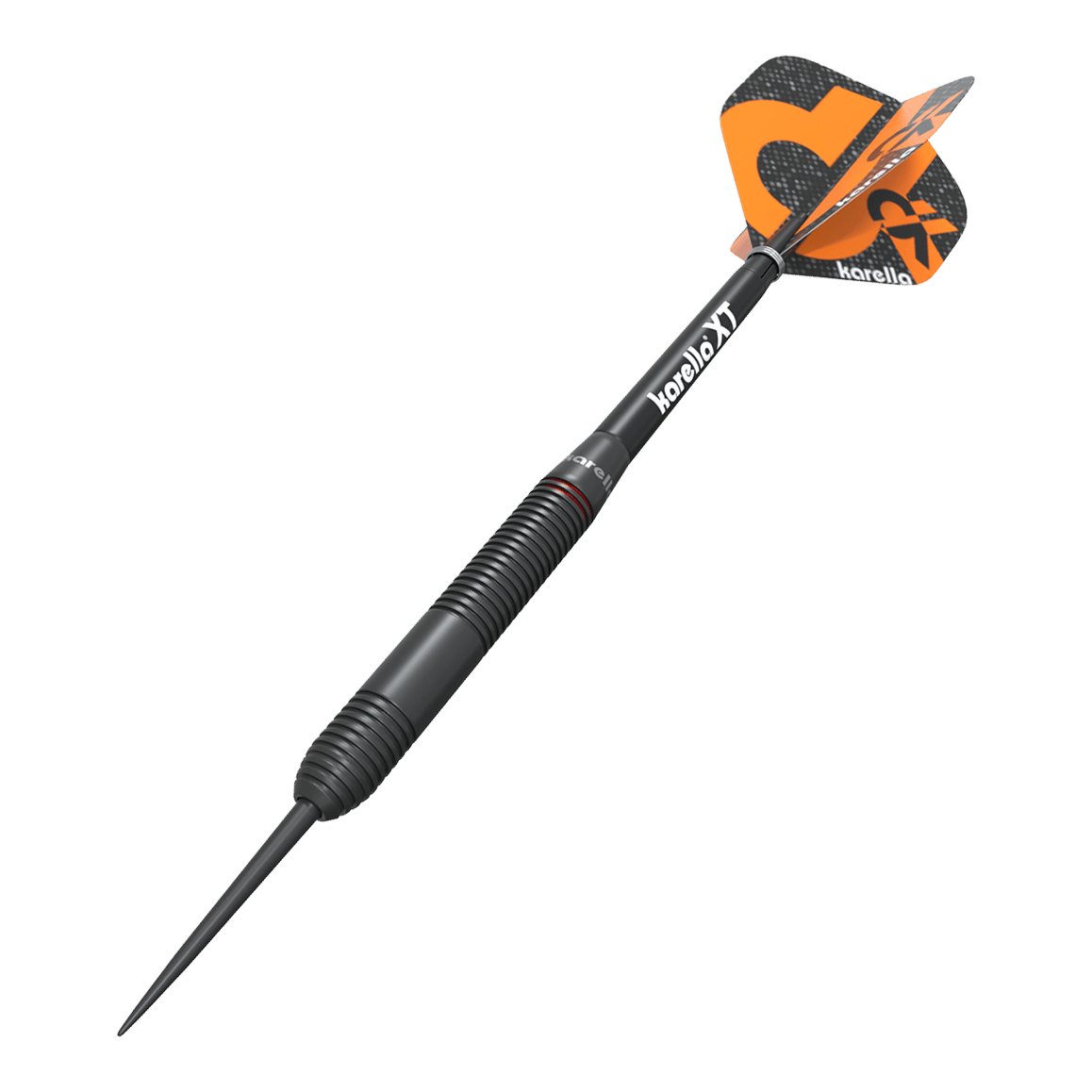 Karella Daniel Klose stalen dartpijlen Das Bild zeigt einen Karella Daniel Klose Steeldart. Der Dartpfeil ist schwarz mit orangem Flights und hat ein modernes Design.