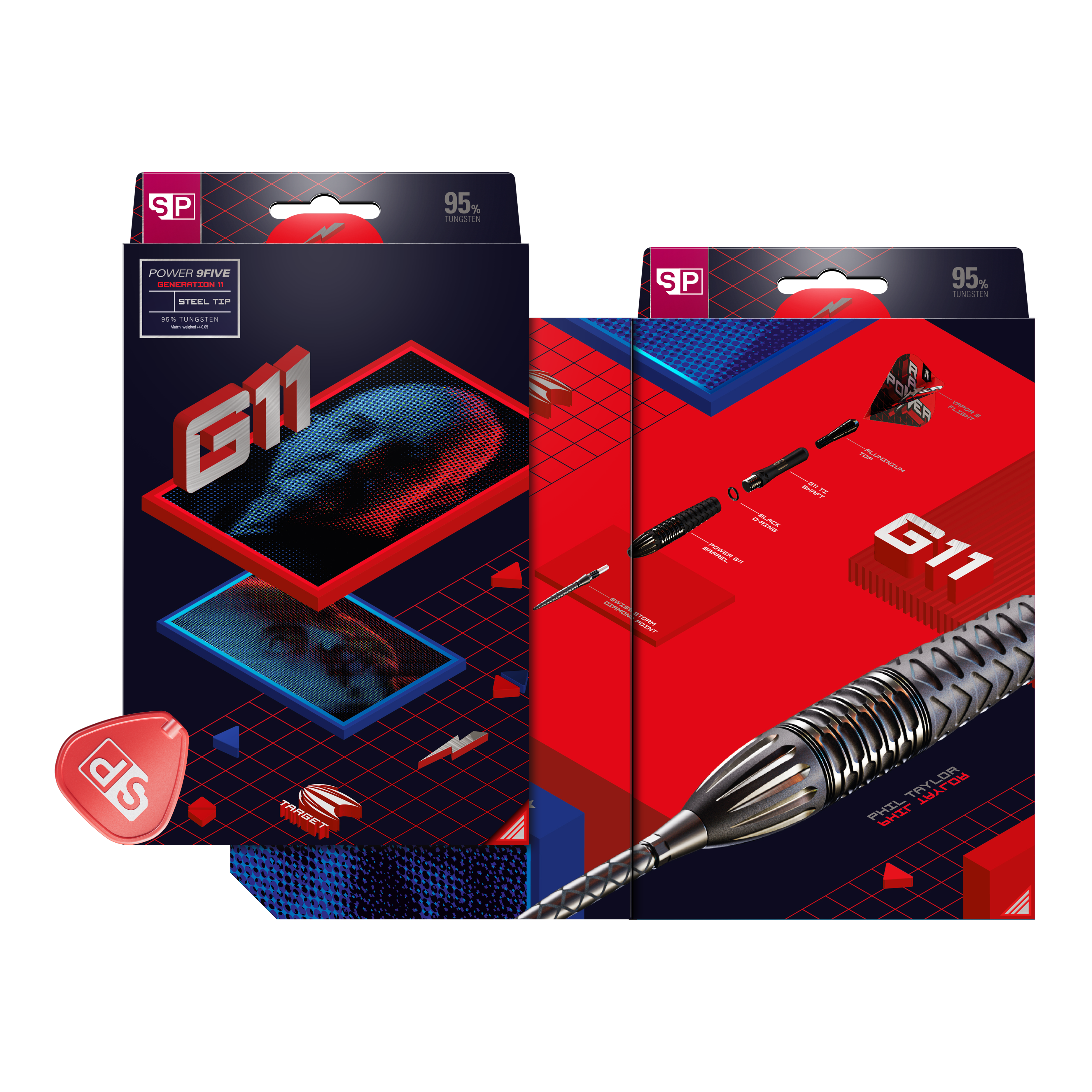 Auf dem Bild sind die Verpackungen der "Target Phil Taylor RAW Power 9Five GEN11 Swiss Point Steeldarts" zu sehen. Die Boxen sind modern gestaltet und zeigen sowohl den Produktnamen als auch ein Abbild des Dartpfeils.