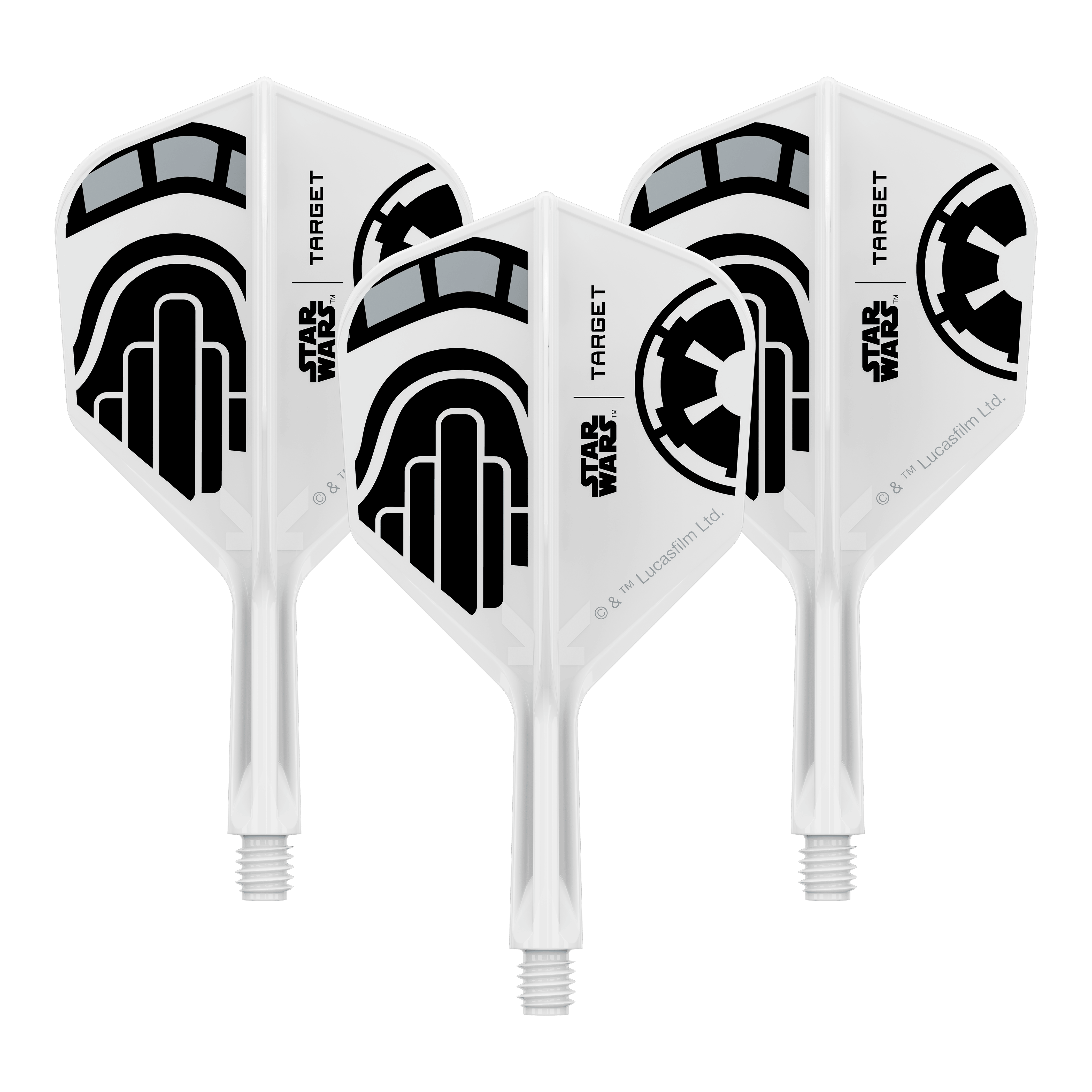 Target Star Wars K-Flex Stormtrooper No6-vluchten Ein Set von Dart-Flights der Star Wars KFlex Stormtrooper No6 Serie ist dargestellt. Die Flights sind kurz und 19 mm lang.