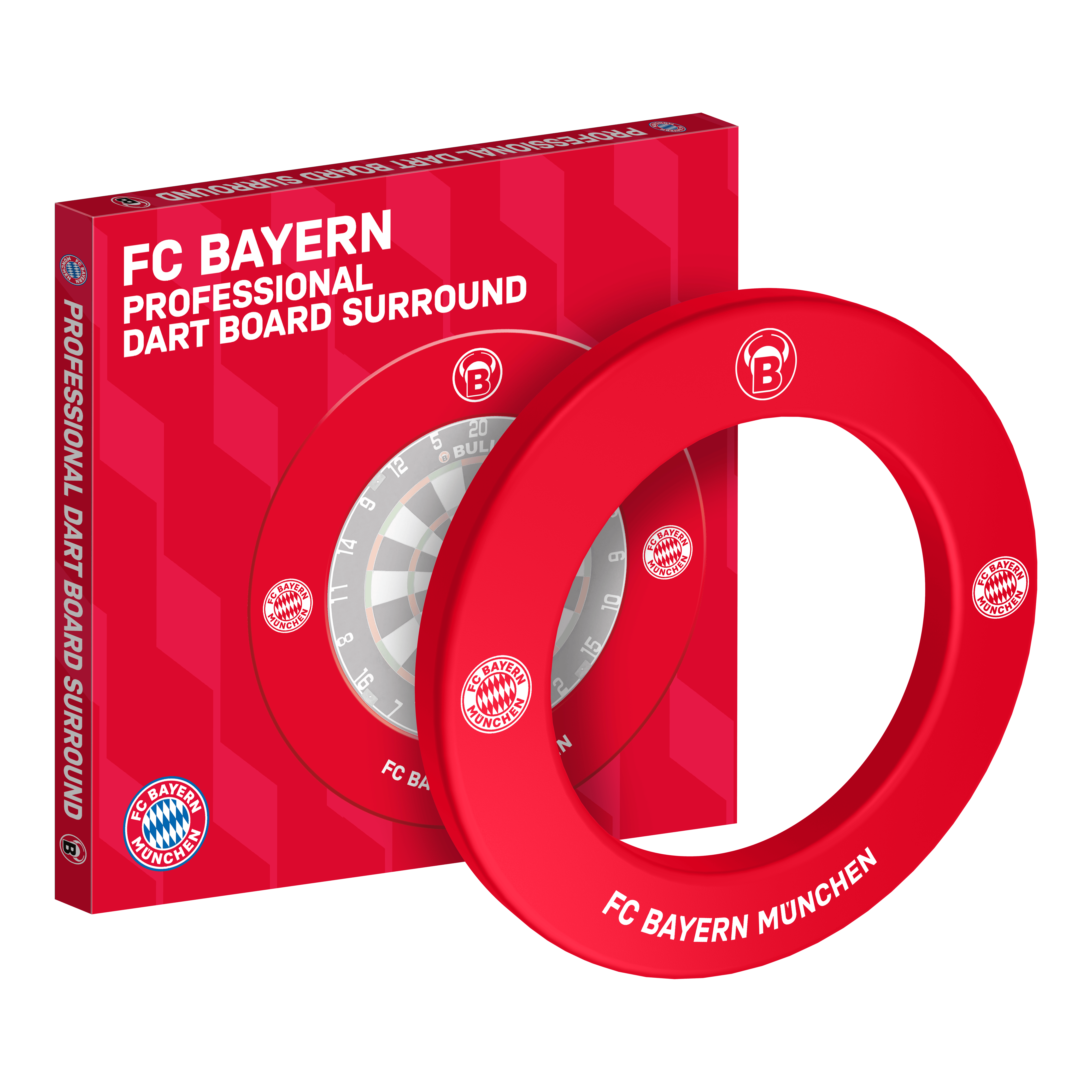 Bulls FC Bayern München Premium dartbordrand Abgebildet ist das Bulls FC Bayern München Premium Dartboard Surround. Die Dartboard-Umrandung ist im Stil des FC Bayern München gestaltet.