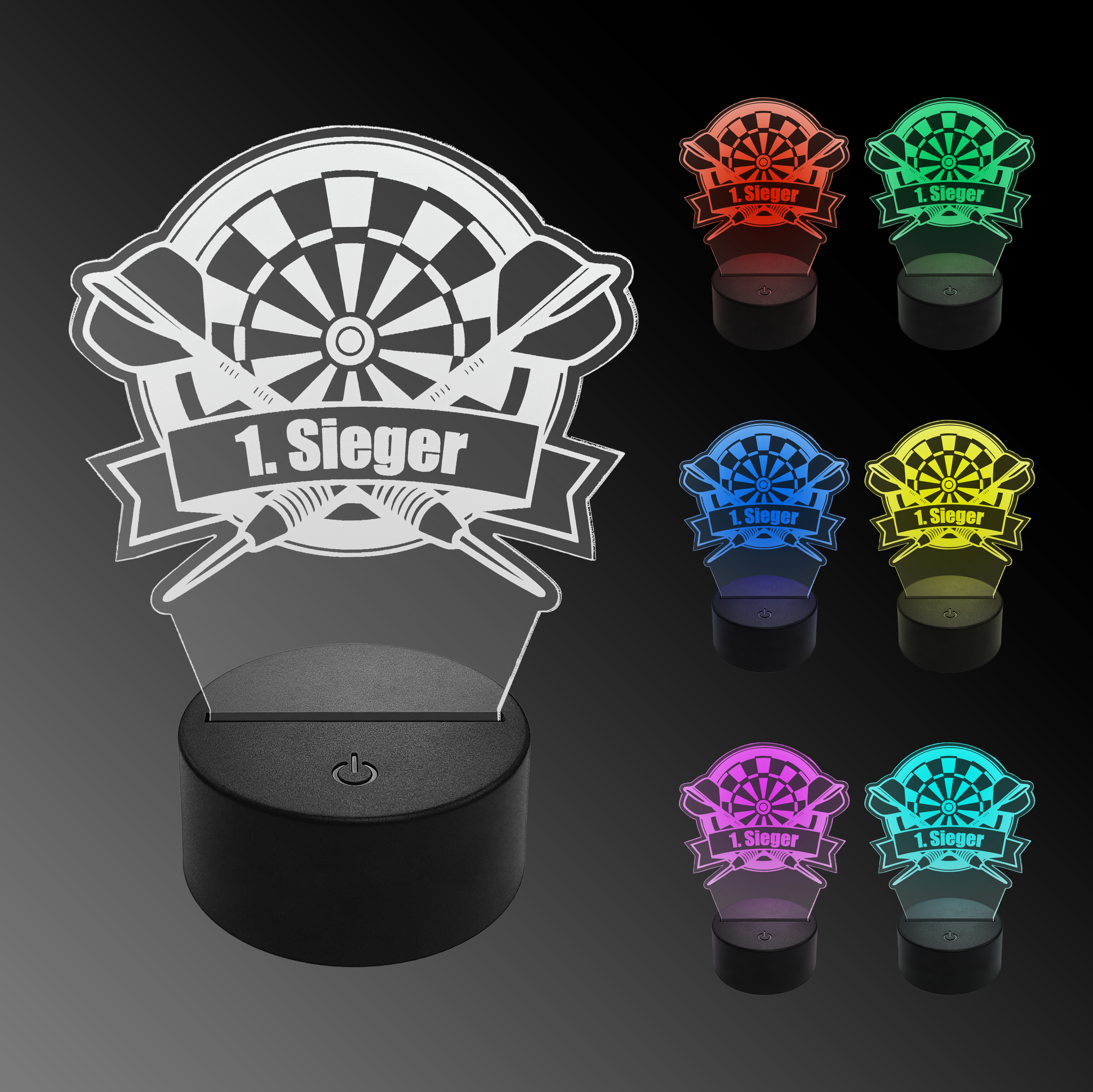 LED plexiglas dartlamp met aangepaste tekst Das Bild zeigt eine LED-Lampe in Form eines Dartboards mit der Aufschrift „1. Sieger“. Rechts sind sechs weitere Lampen in verschiedenen Farben zu sehen.