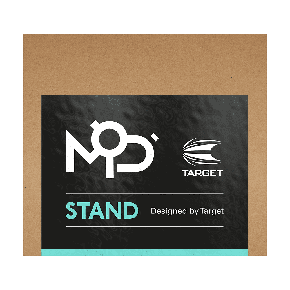 460004_Target_MOD_Stand_Darthalterung_4 Auf dem Bild ist eine Verpackung mit dem Schriftzug "MOD" und dem Logo von Target zu sehen. Darunter steht "STAND – Designed by Target".