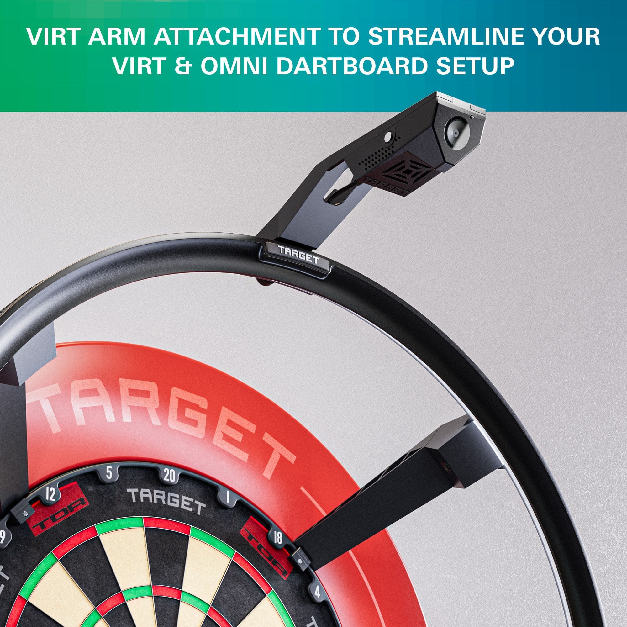 Target OMNI VIRT camera-arm Auf dem Foto ist der Target OMNI VIRT Kamera Arm zu sehen. Der Artikel ermöglicht eine optimale Kameraposition am Dartboard.