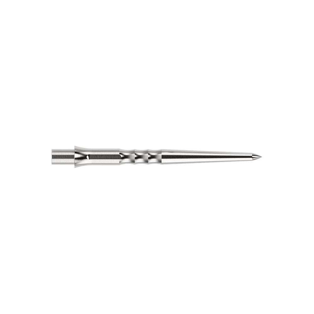Caliburn System stalen dartpunten - Ripple - NoLip - zilver Das Bild zeigt eine silberne Caliburn Evo System Steeldartspitze Ripple NoLip, 28 mm lang. Die Spitze ist einzeln abgebildet.