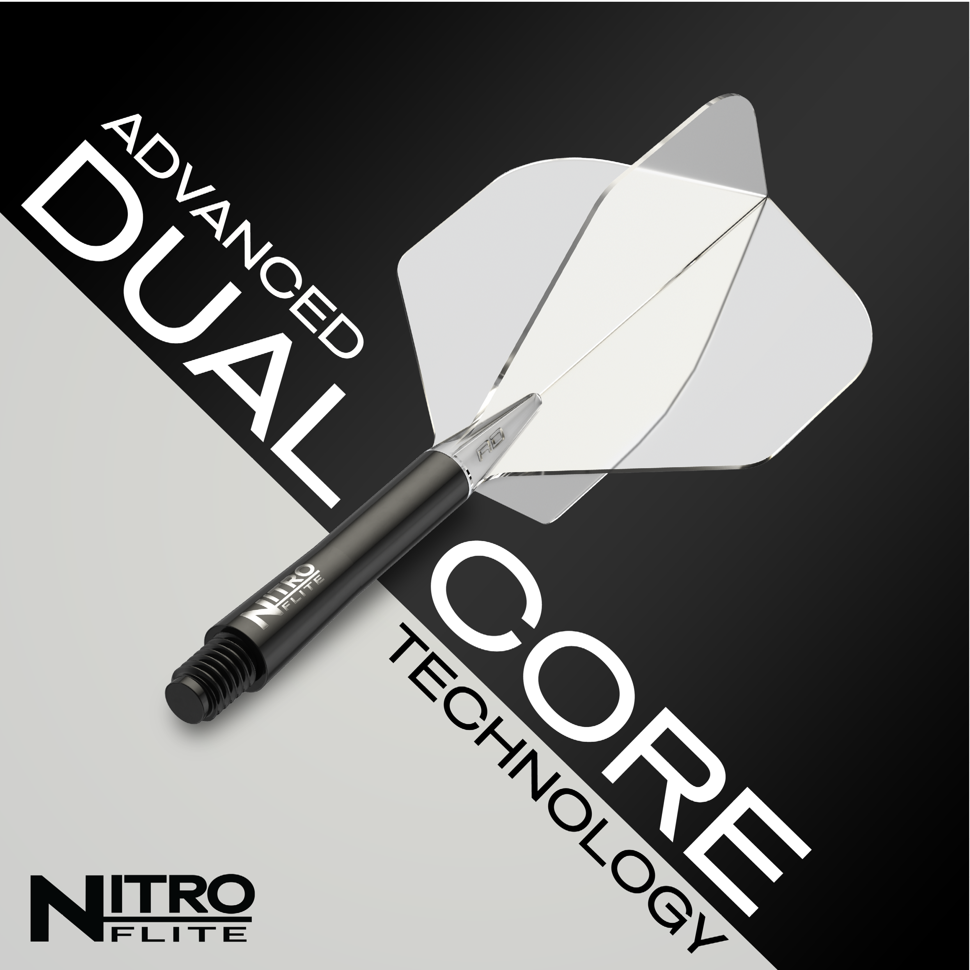 Red Dragon Nitroflite - Zwarte schacht Clear nr. 2 vluchten Das Bild zeigt das Produkt "Red Dragon Nitroflite - Black Shaft Clear No2 Flights". Es hebt die fortschrittliche Dual-Core-Technologie hervor.