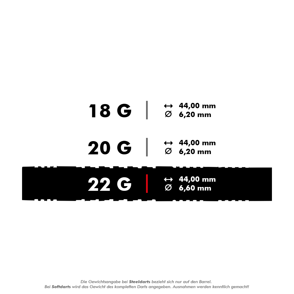 Das Bild zeigt drei verschiedene Gewichte für Darts: 18g, 20g und 22g. Für das 22g Dart beträgt die Länge 44,00 mm und der Durchmesser 6,60 mm.