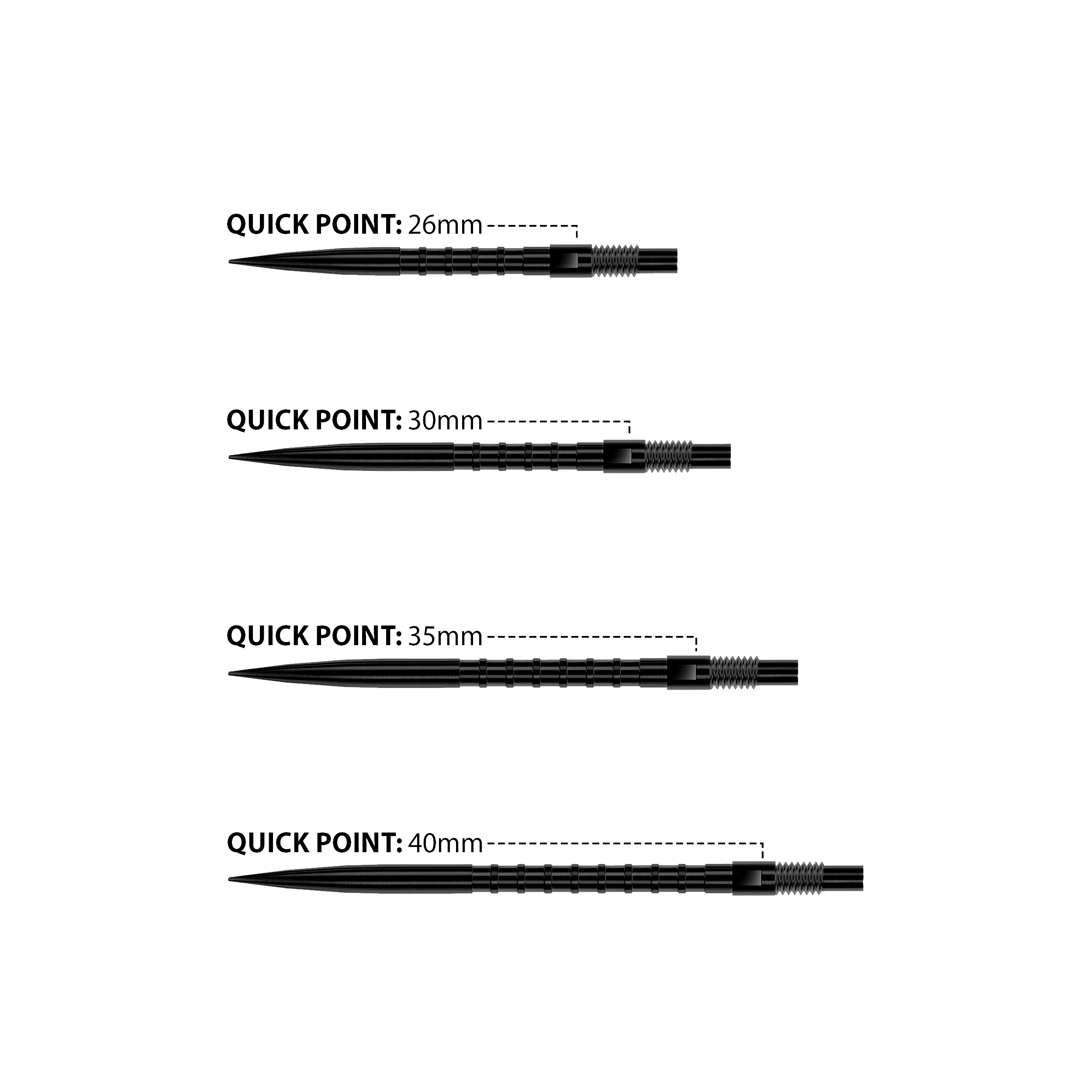 Harrows Quick Point Heavy Metal Dart Tips - Zwart Das Bild zeigt Harrows Quick Point Heavy Metal Dartspitzen in Schwarz. Sie sind robust und für präzise Würfe geeignet.