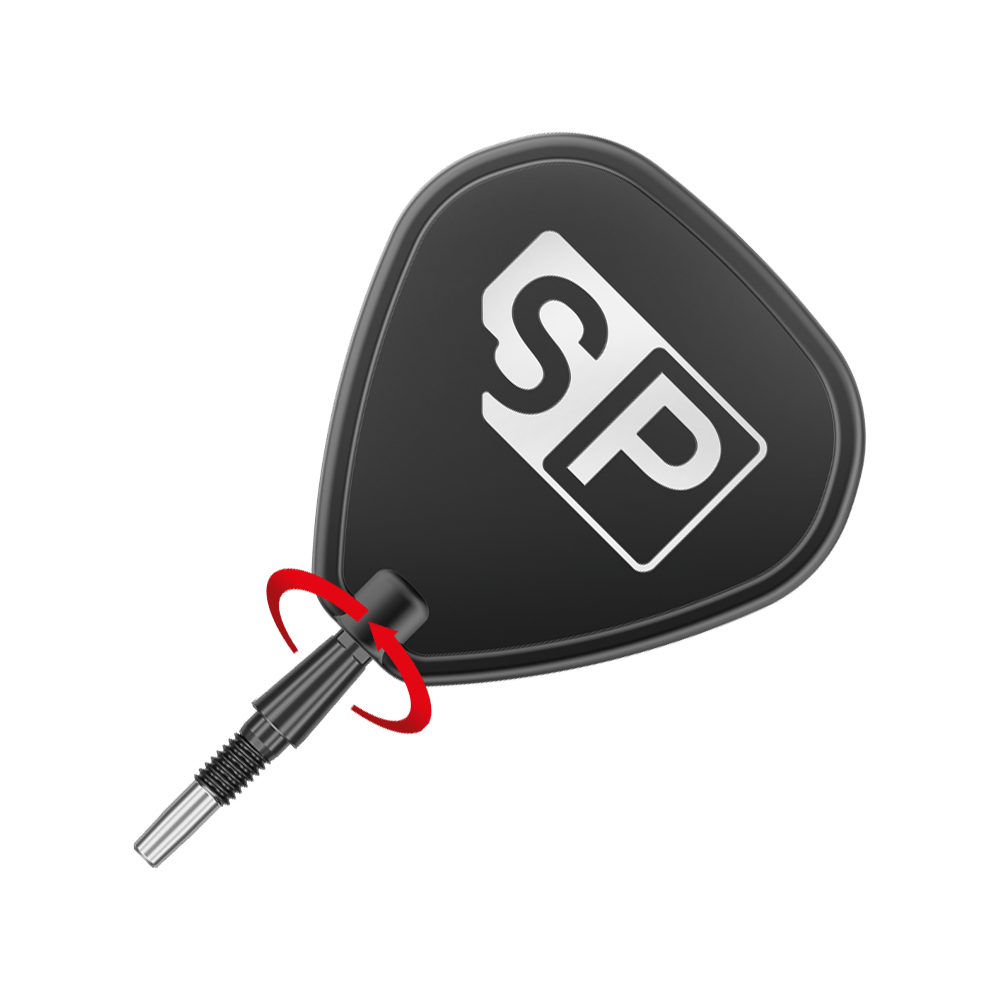 Das Bild zeigt eine schwarze Steeldartspitze mit dem weißen Aufdruck "SP". Eine rote Pfeilmarkierung deutet darauf hin, dass die Spitze gedreht oder geschraubt werden kann.
