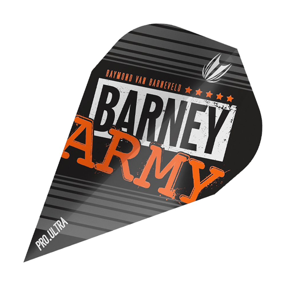 TG65_334350_TargeT_ProUltra_Barney_Army_Black_Vapor_Flights_1 Das Bild zeigt ein Dart-Flight mit der Aufschrift "BARNEY ARMY" in schwarzen, weißen und orangenen Farben. Oben steht "Raymond van Barneveld" und unten links ist "Pro.Ultra" zu sehen.