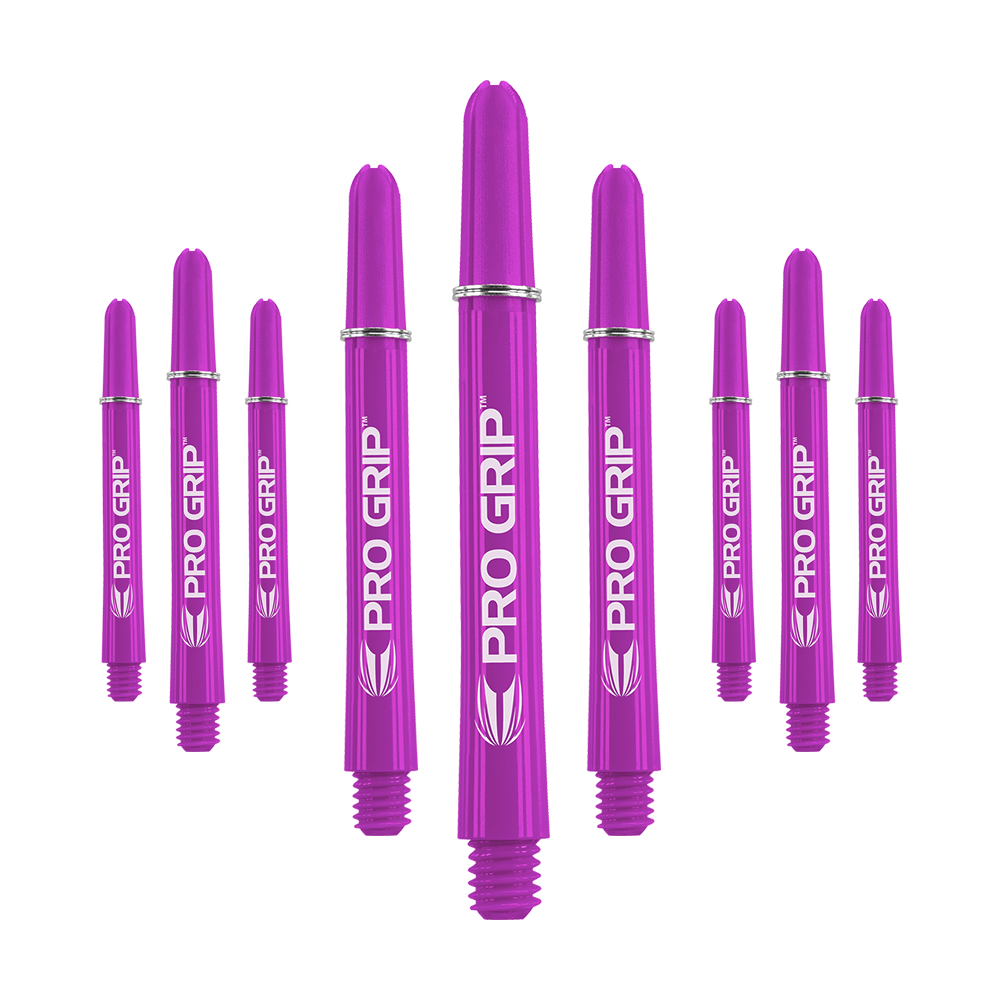 Target Pro Grip Shafts - 3 sets - Paars Das Bild zeigt neun lila Dartschäfte der Marke "Pro Grip". Sie sind in drei Gruppen angeordnet, jeweils drei in der Mitte, links und rechts.