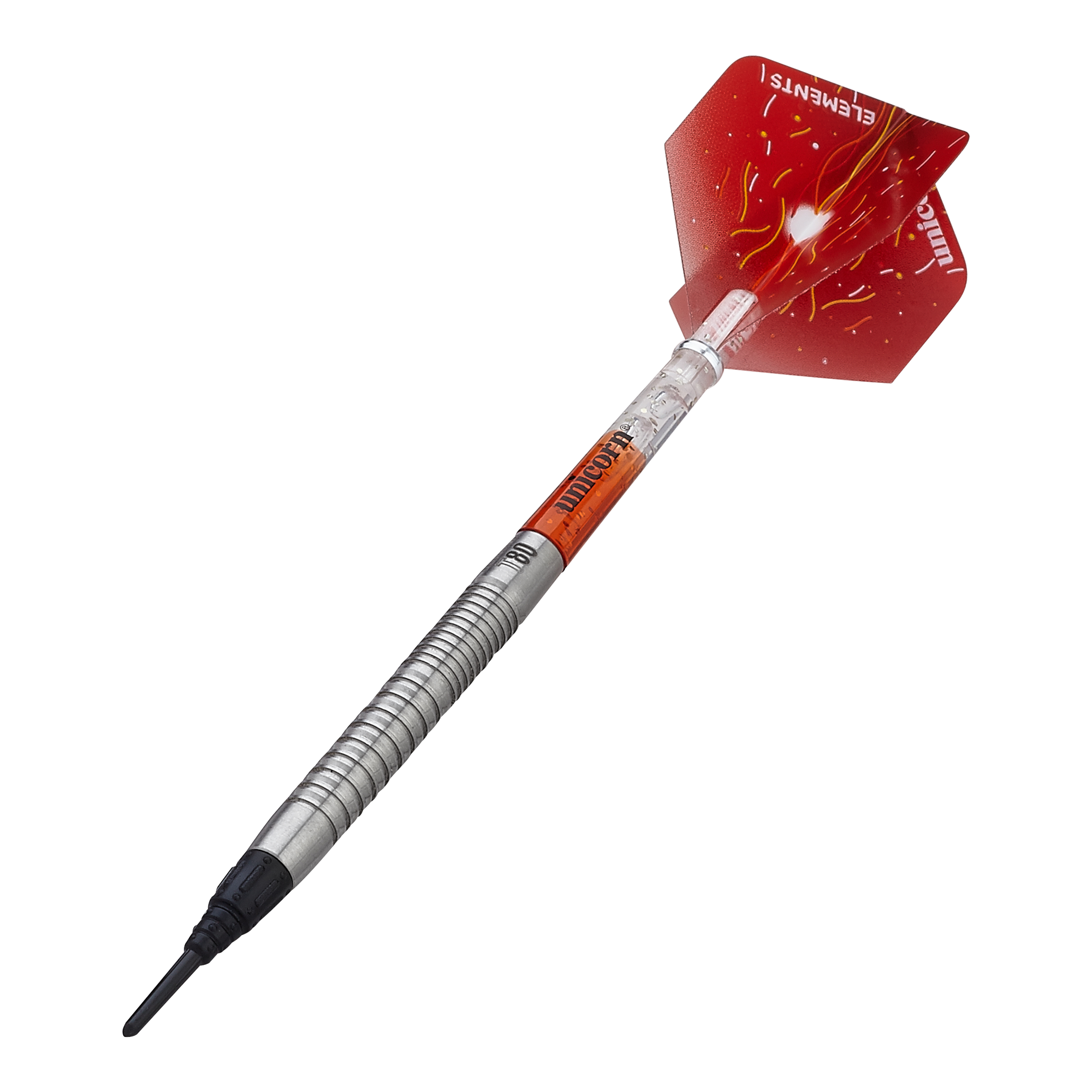 Unicorn Core XL Striker Style 1 zachte darts - 19g Das Bild zeigt einen Unicorn Core XL Striker Style 1 Softdart mit 19g Gewicht. Der Dart hat eine silberne, geriffelte Spitze und rote Flights mit einem auffälligen Design.