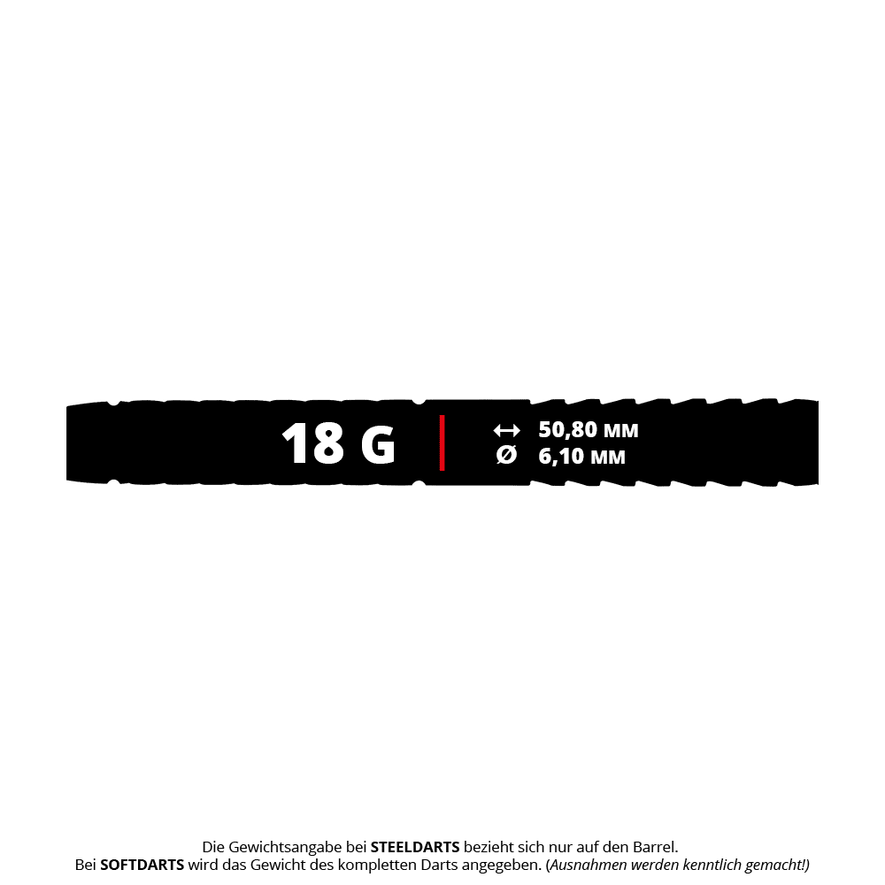 Red Dragon Gerwyn Prijs Glacier Softdarts - 18g Das Bild zeigt die Produktinformationen der Red Dragon Gerwyn Price Glacier Softdarts mit einem Gewicht von 18 Gramm. Die Länge beträgt 50,80 mm und der Durchmesser 6,10 mm.