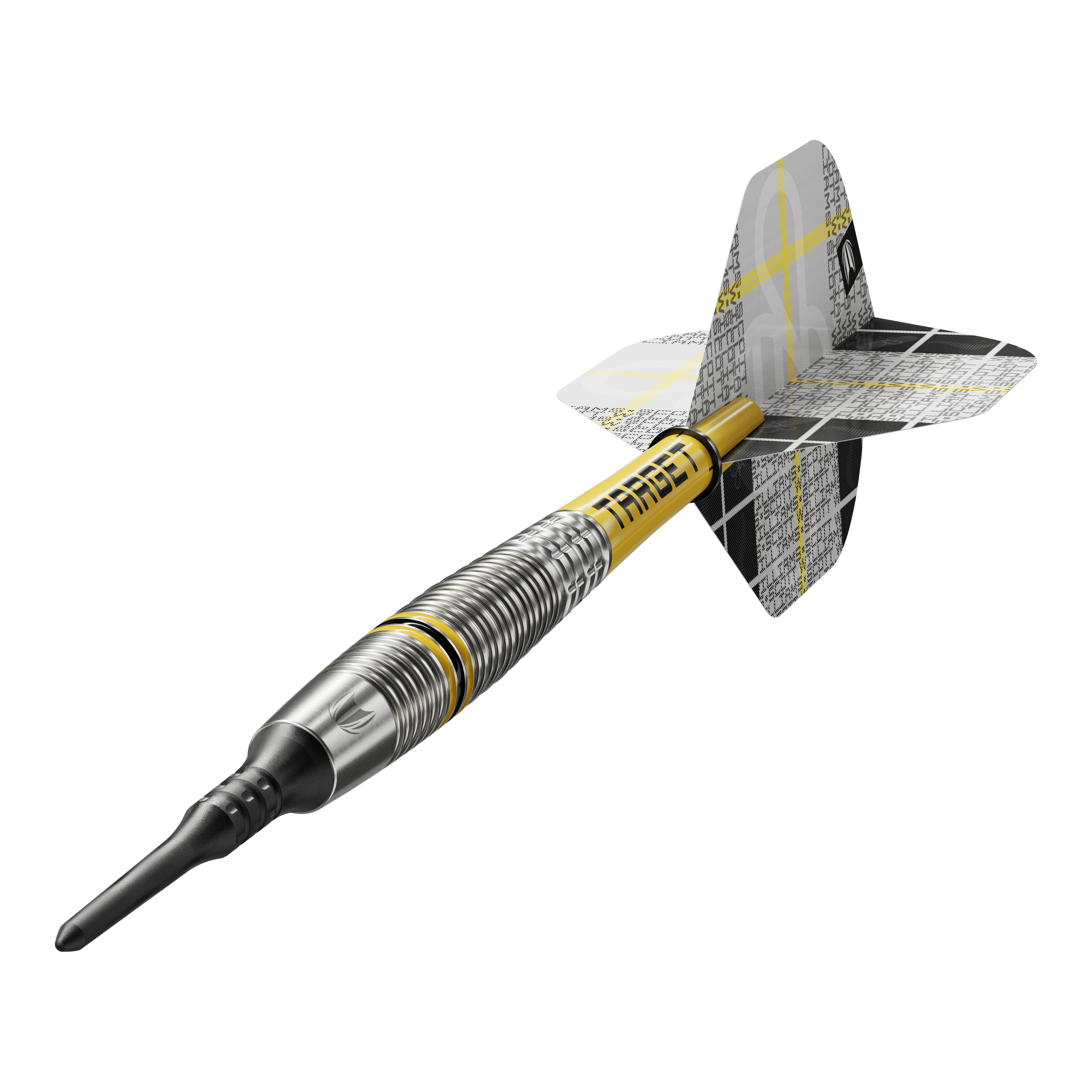 Target Scott Williams GEN2 zachte darts - 18g Das Bild zeigt einen Target Scott Williams GEN2 Softdart mit einem Gewicht von 18 Gramm. Der Dart hat ein silbernes Barrel mit gelben Akzenten und einen schwarz-gelben Flight.