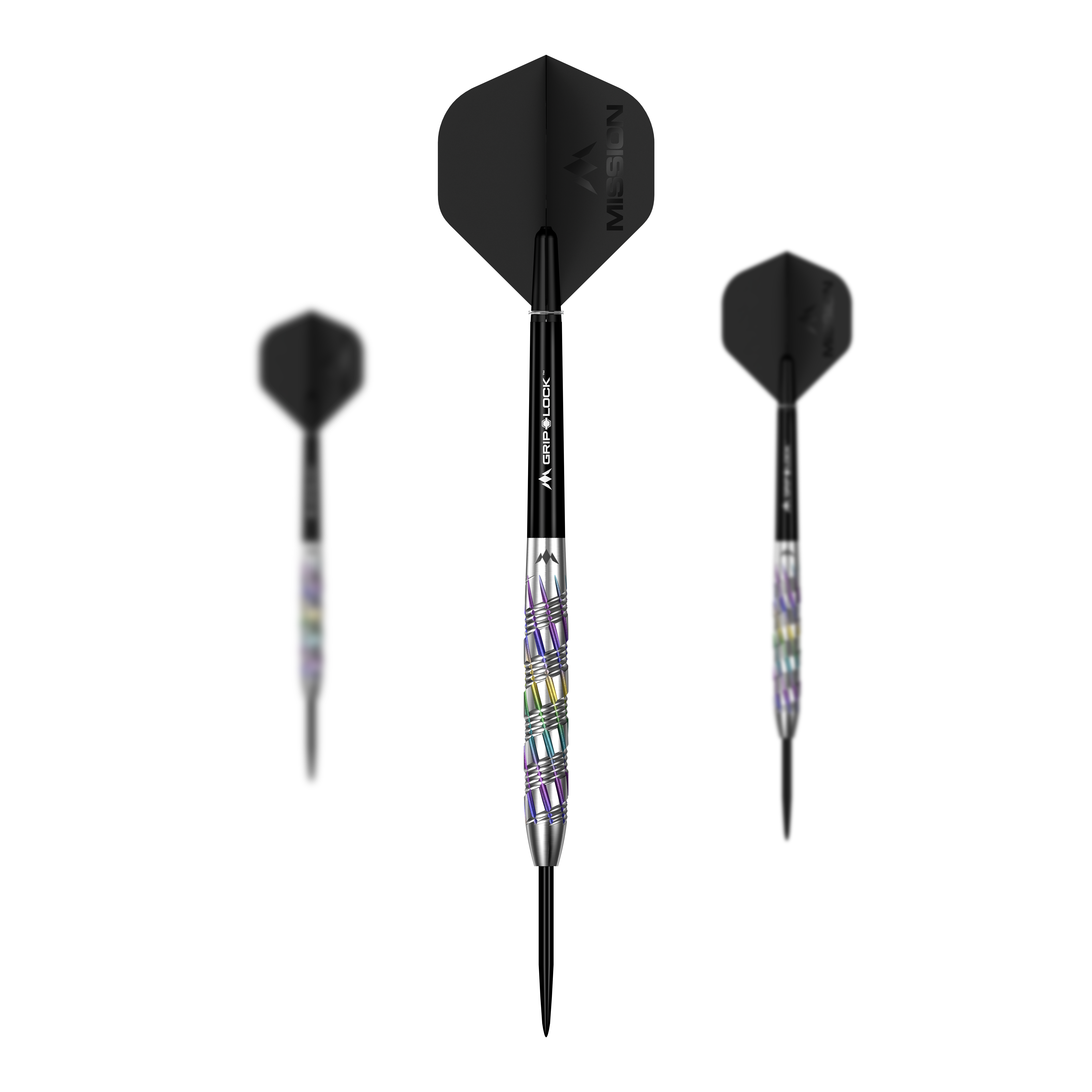 Mission Shuriken stalen pijlen Mission Shuriken Steeldarts werden auch als Set angeboten. Auf diesem Bild ist ein komplettes Set der Mission Shuriken Steeldarts abgebildet.