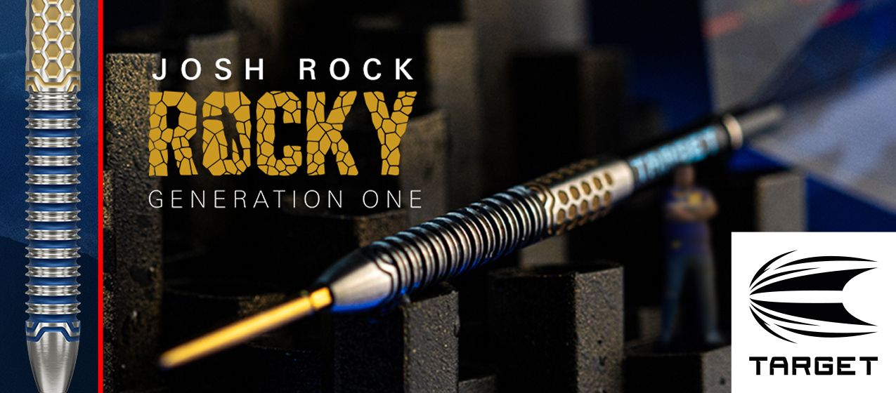 Auf dem Bild ist ein Dartpfeil mit dem Namen "Josh Rock Rocky Generation One" zu sehen. Im Vordergrund steht der Dartpfeil, daneben befindet sich das Target-Logo.