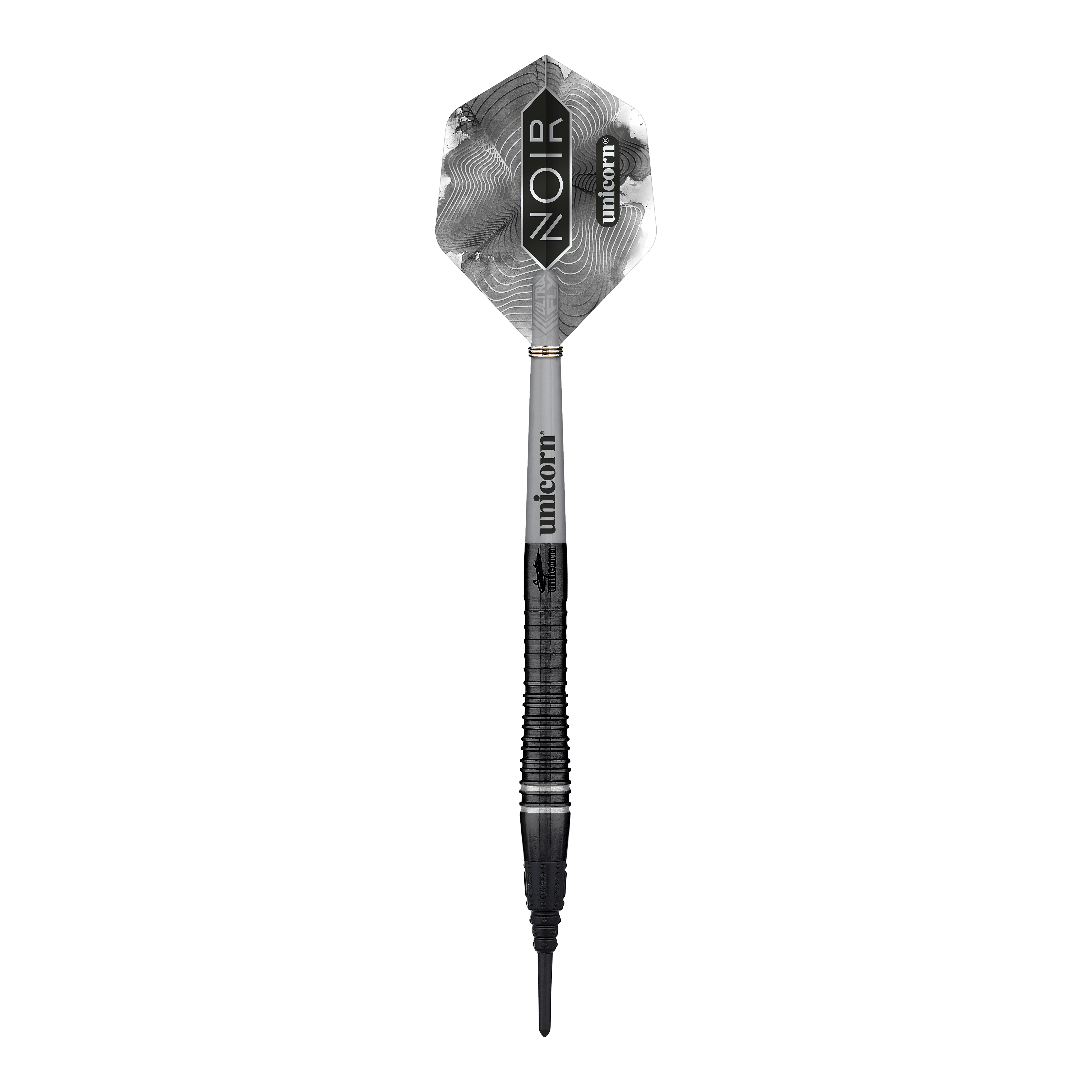 Unicorn Wereldkampioen Gary Anderson Noir Fase 6 Soft Darts Das Bild zeigt einen Softdart aus der Produktreihe "Unicorn World Champion Gary Anderson Noir Phase 6". Der Dart hat ein schwarzes, elegantes Design mit der Aufschrift "Noir" und "Unicorn" auf dem Flight.