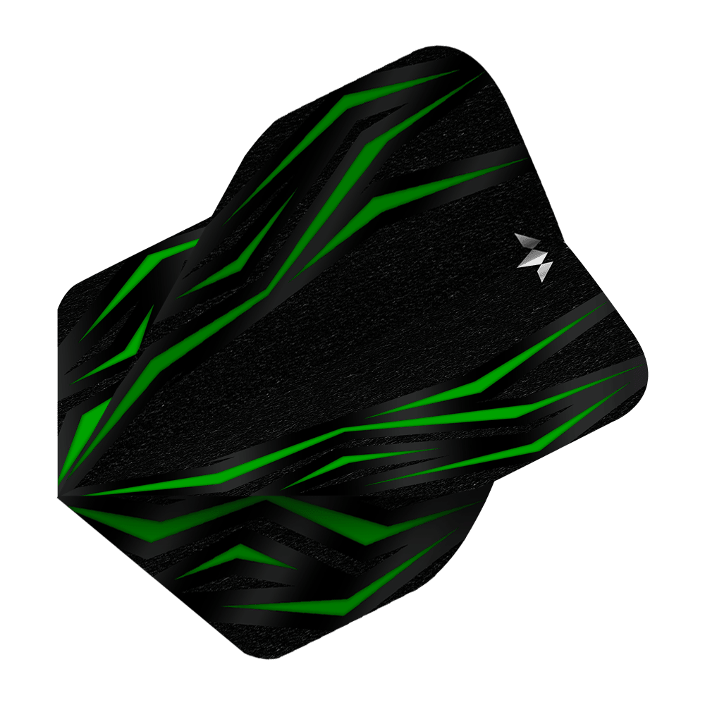 Mission Lava Green No2 Standaardvluchten Das Bild zeigt das Produkt „Mission Lava Green No2 Standard Flights“. Es ist ein schwarzes Dart-Flight mit grünen, lavamusterartigen Linien.