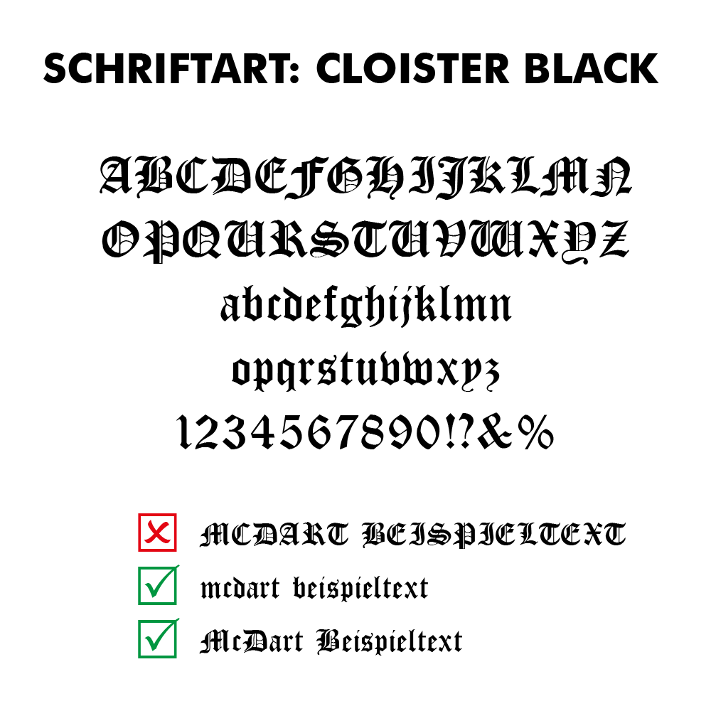 Flightdruck_Schriftart_Cloister_Blackopc4EVY6x4RB7 Das Bild zeigt die Schriftart "Cloister Black" mit Beispielbuchstaben und -zahlen. Unten werden richtige und falsche Schreibweisen für personalisierten Text angezeigt.