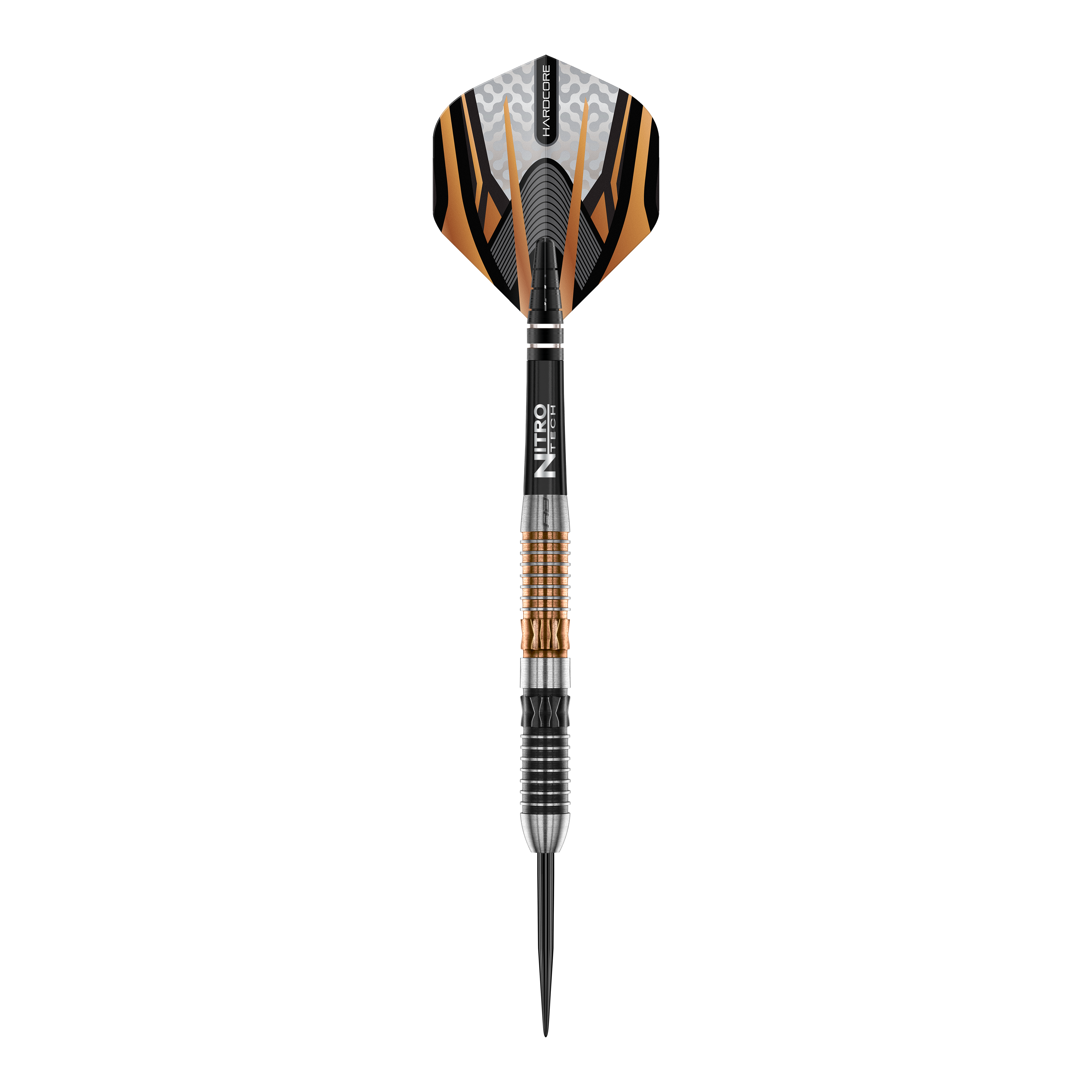 Red Dragon Panterra stalen darts Das Bild zeigt einen Red Dragon Panterra Steeldart mit auffälligem orange-schwarzem Design. Der Dart verfügt über eine strukturierte Griffzone und eine scharfe Metallspitze.
