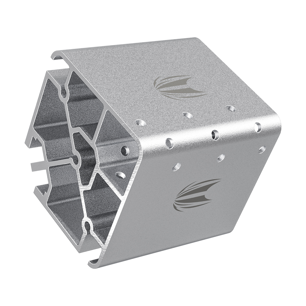 460009_Target_MOD_Stand_Darthalterung_Silber_1 Das Bild zeigt ein silbernes Metallprofil mit mehreren Bohrungen und einem eingravierten Logo. Die Form ist kantig und industriell, vermutlich als Verbindungsteil für Konstruktionen gedacht.