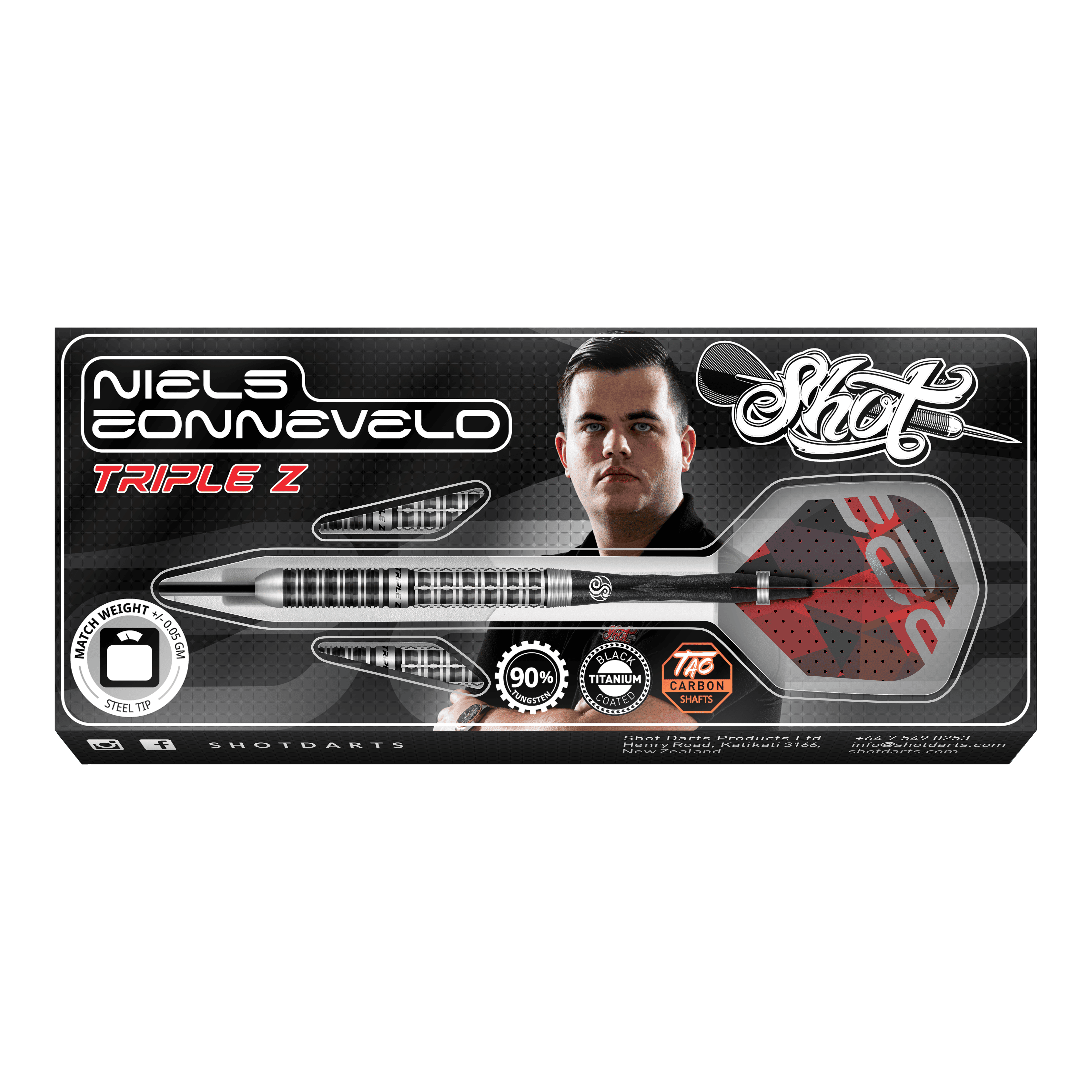 Shot van Niels Zonneveld V2 stalen darts Auf dem Bild ist die Verpackung der "Shot Niels Zonneveld V2 Steeldarts" zu sehen. Die Verpackung zeigt einen Dartpfeil, das Logo und ein Porträt von Niels Zonneveld.
