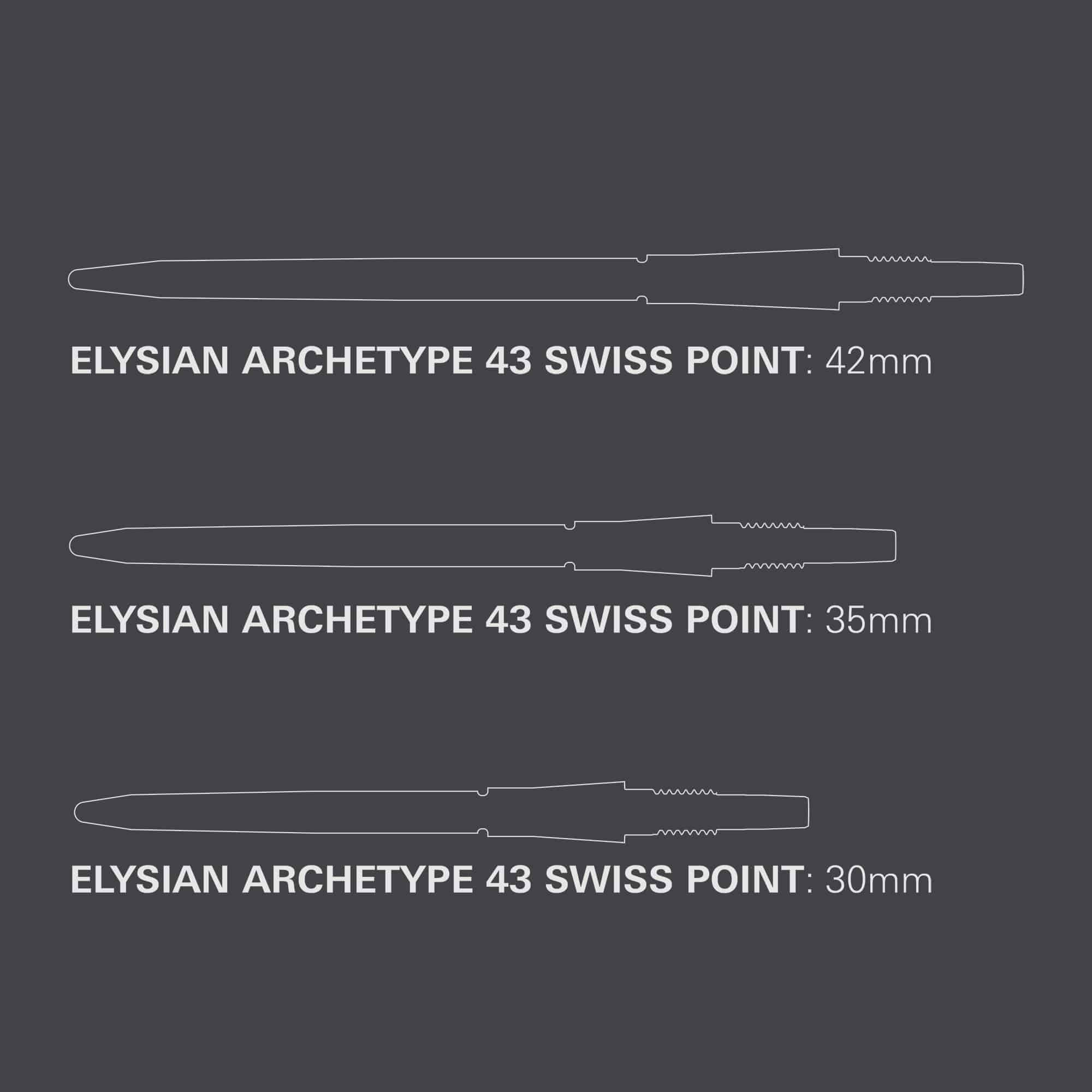 Das Bild zeigt die Target Elysian Archetype 43 Swiss Point Steeldartspitzen in Schwarz. Die Dartspitzen sind robust und für professionelle Spieler geeignet.