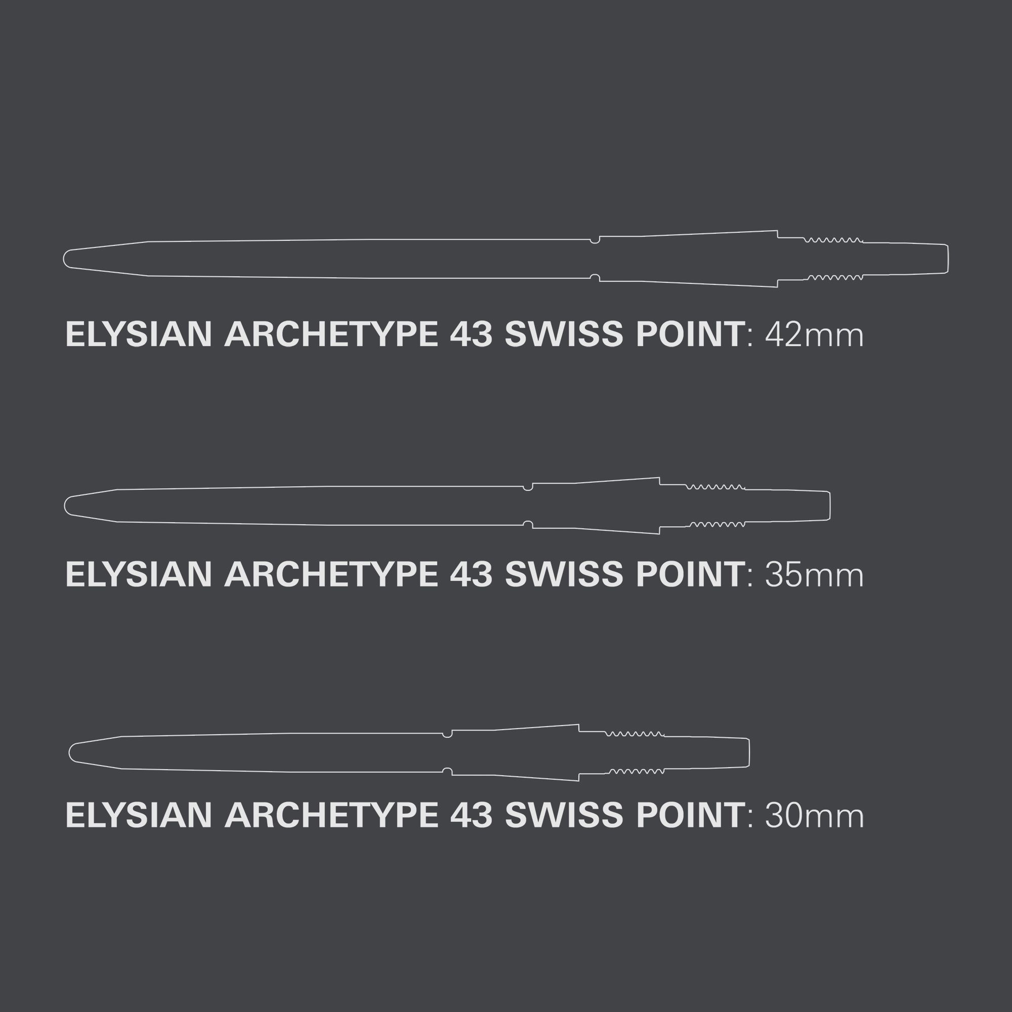 Target Elysian Archetype 43 Swiss Point stalen dartpijlpunten - zwart Das Bild zeigt die Target Elysian Archetype 43 Swiss Point Steeldartspitzen in Schwarz. Die Dartspitzen sind robust und für professionelle Spieler geeignet.