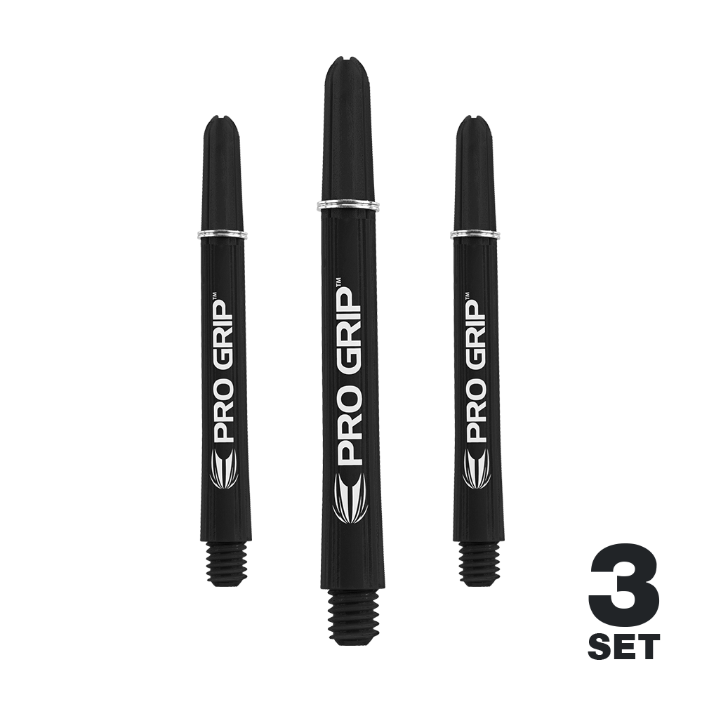 Target Pro Grip Shafts - 3 sets - Zwart Das Bild zeigt drei schwarze Dartschäfte der Marke "Pro Grip". In der rechten unteren Ecke steht "3 Set".