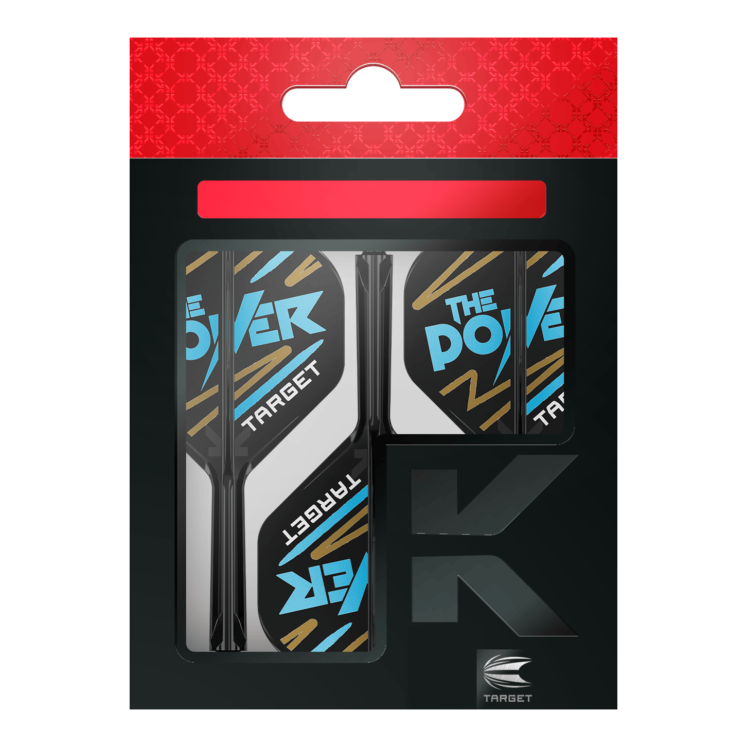 Target K-Flex Phil Taylor No2 Standaard Vluchtas Systeem Das Bild zeigt eine Packung „Target K-Flex Phil Taylor No2 Standard Flights“. Die Flights sind überwiegend schwarz und weiß mit blauen und goldenen Akzenten und der Aufschrift „The Power“.