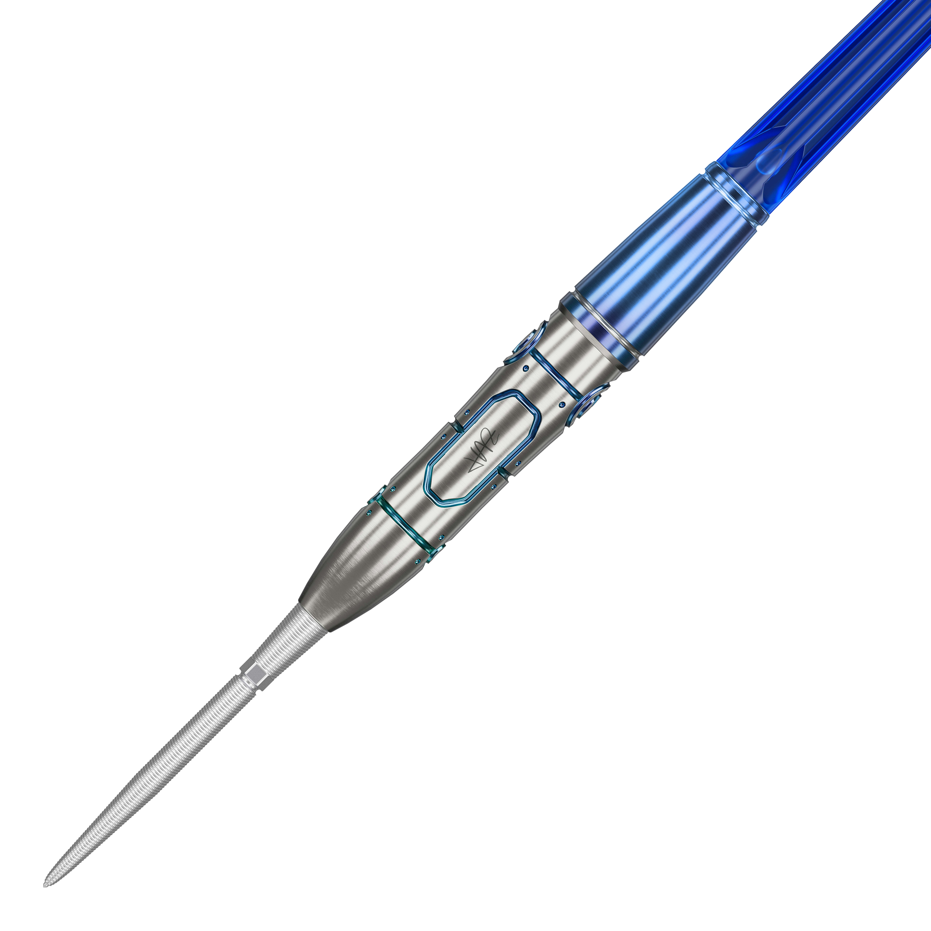 Target Japan Haruki Muramatsu GEN9 No Groove Swiss Point Steeldarts - 23g Das Bild zeigt den Target Japan Haruki Muramatsu GEN9 No Groove Swiss Point Steeldart mit 23g Gewicht. Der Dartpfeil hat ein modernes Design mit blauen Akzenten und einer glatten, silbernen Oberfläche.