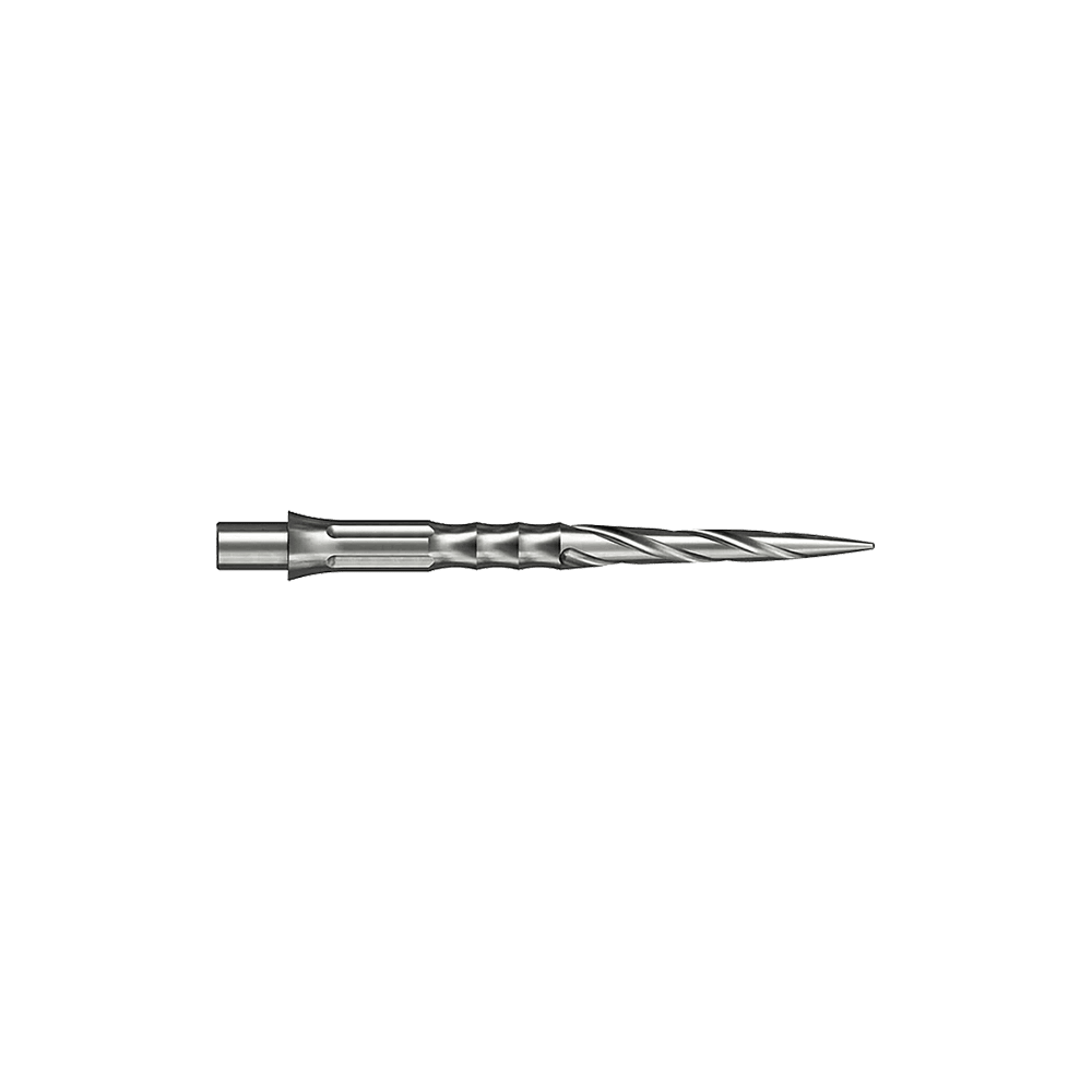 Hier sind silberne Steeldartspitzen des Caliburn Evo Systems mit Spiro-Design und 28 mm Länge abgebildet. Zwei dieser Spitzen liegen nebeneinander.