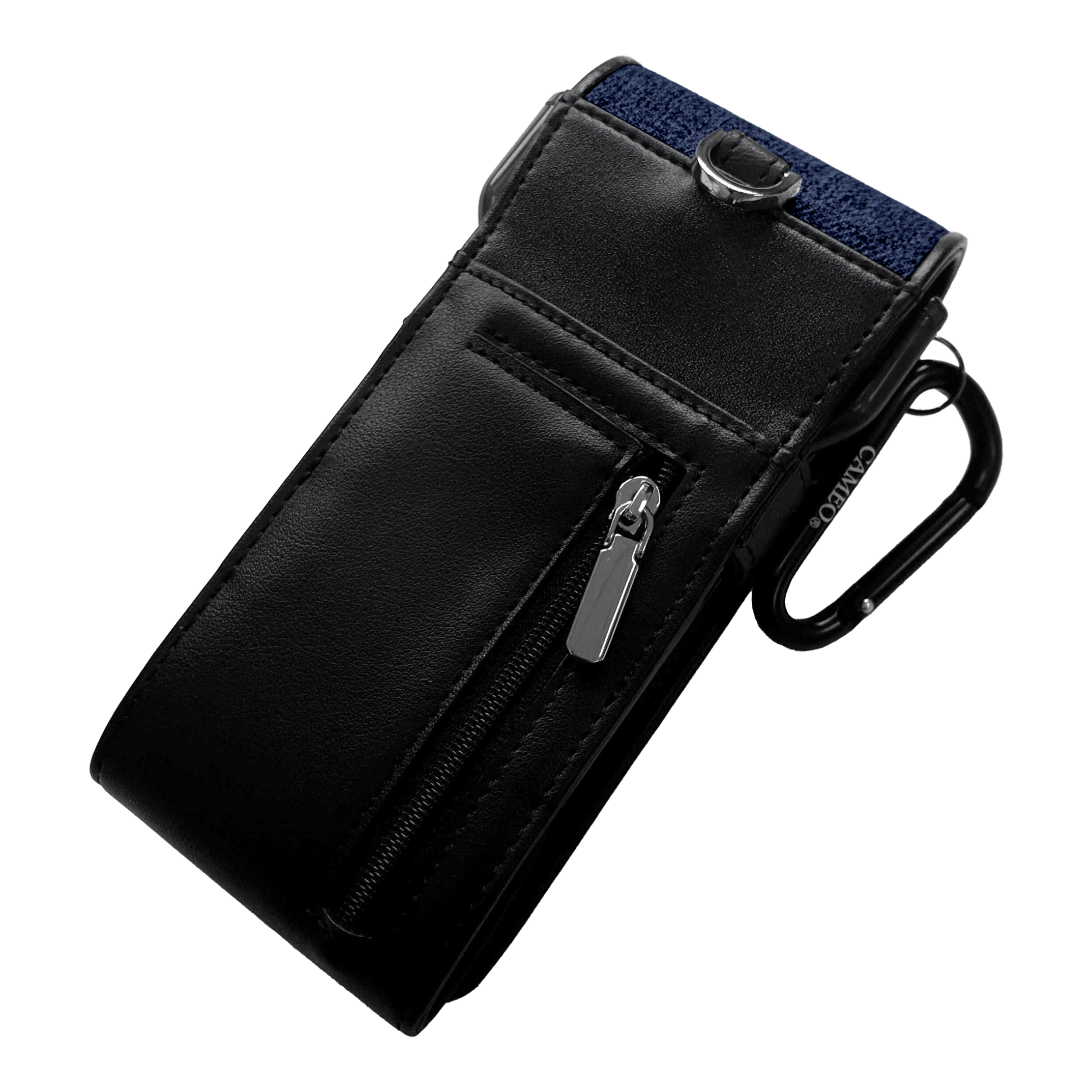 Cameo Thread Dart-hoesje Dies ist ein elegantes Etui aus schwarzem Material mit einem Reißverschlussfach. Es hat einen Metallclip und einen Karabiner zur Befestigung.