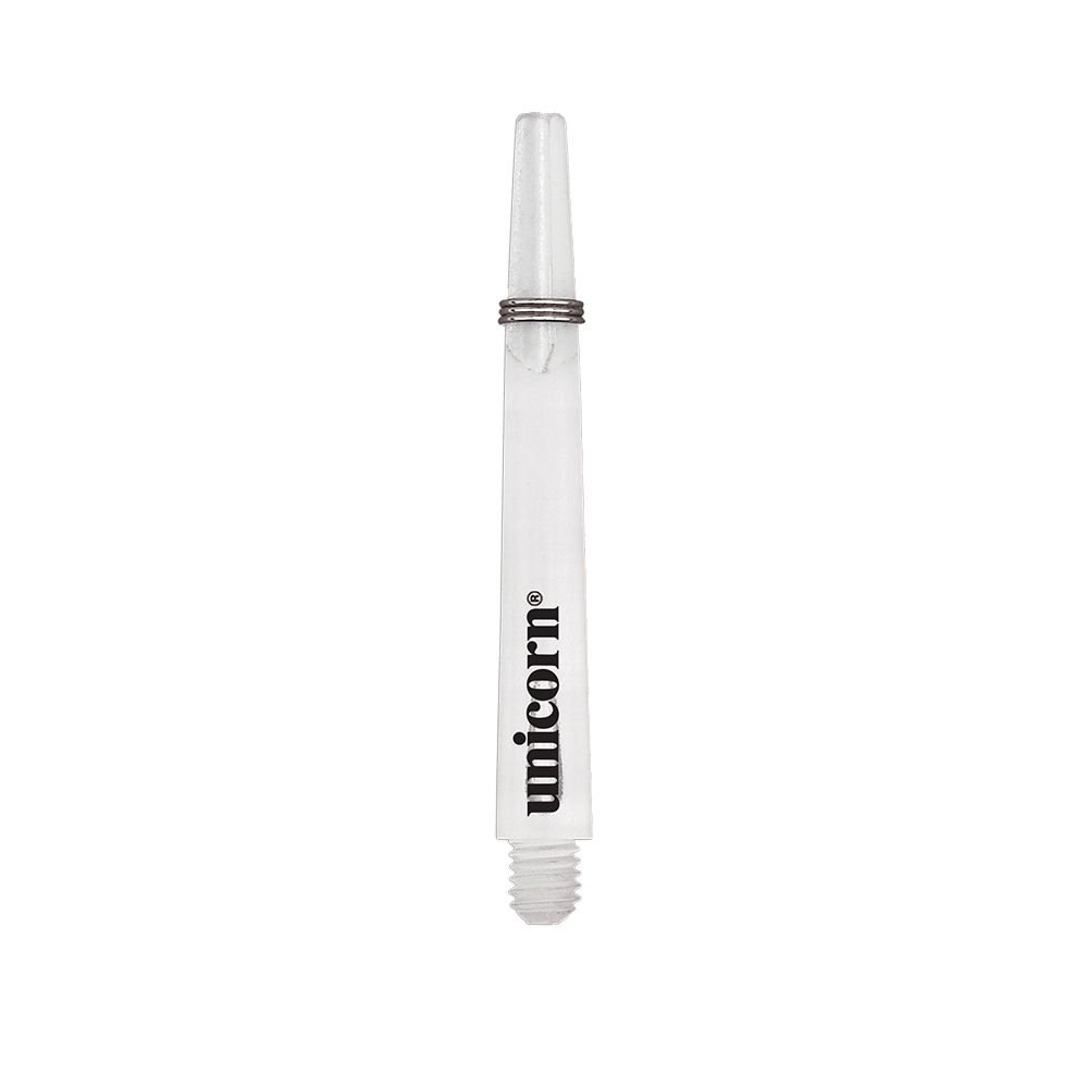 Unicorn Gripper 3 Mirage Shafts - Transparant - 44,2 mm Das Bild zeigt einen klaren Unicorn Gripper 3 Mirage Shaft mit einer Länge von 44,2 mm. Auf dem Schaft ist das schwarze "unicorn" Logo zu sehen.