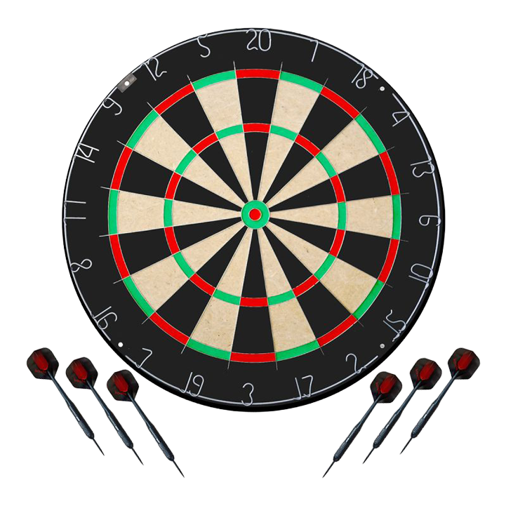 Karella Dartboard BullOut Set inclusief 2 sets stalen darts Das Bild stellt das Karella Dartboard BullOut Set mit zwei Sets Steeldarts dar. Es bietet alles, was man für ein direktes Dartspiel benötigt.