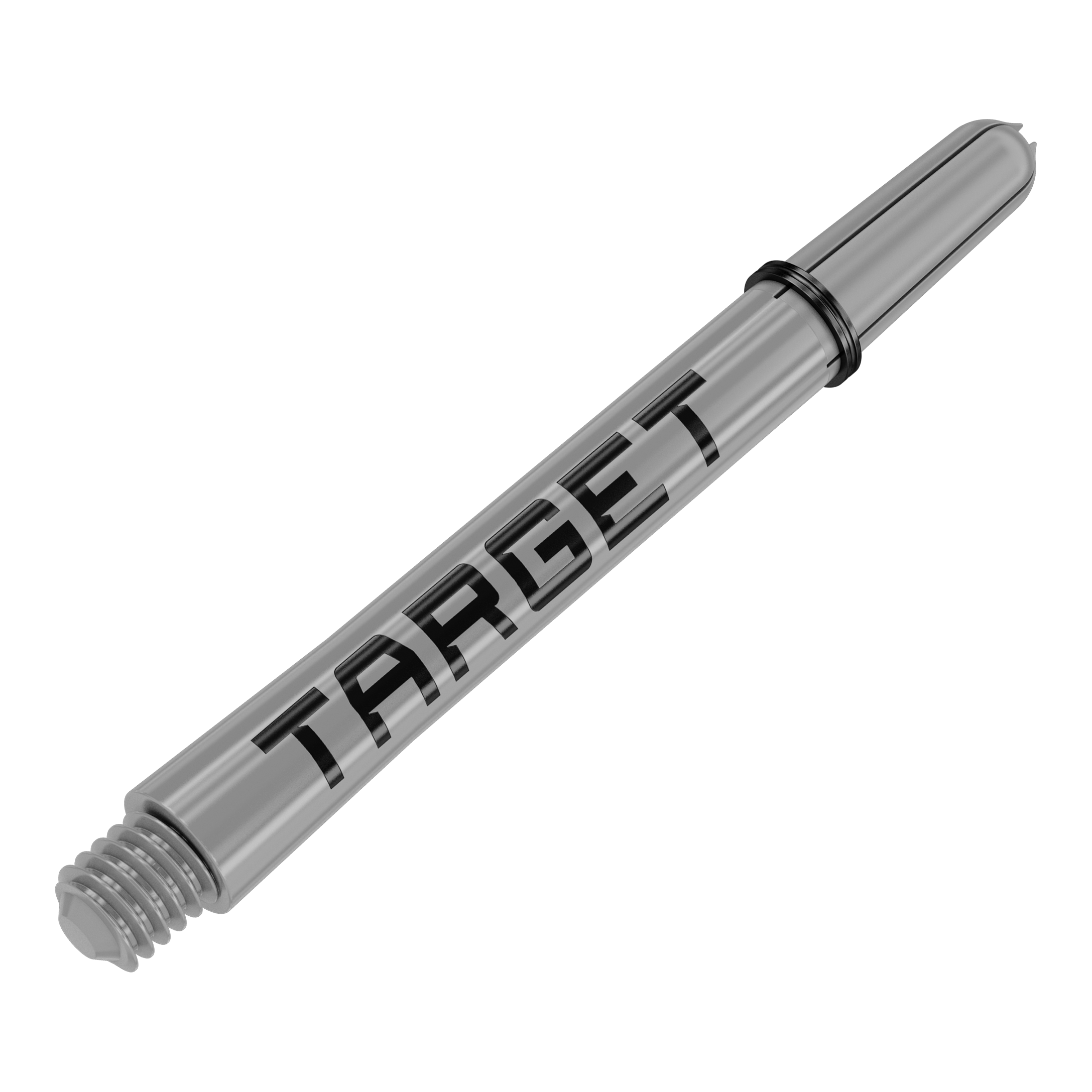 Das Bild zeigt einen grauen Dart-Schaft mit der Aufschrift „TARGET“. Der Schaft hat ein Gewinde an einem Ende und einen Gummiring in der Mitte.