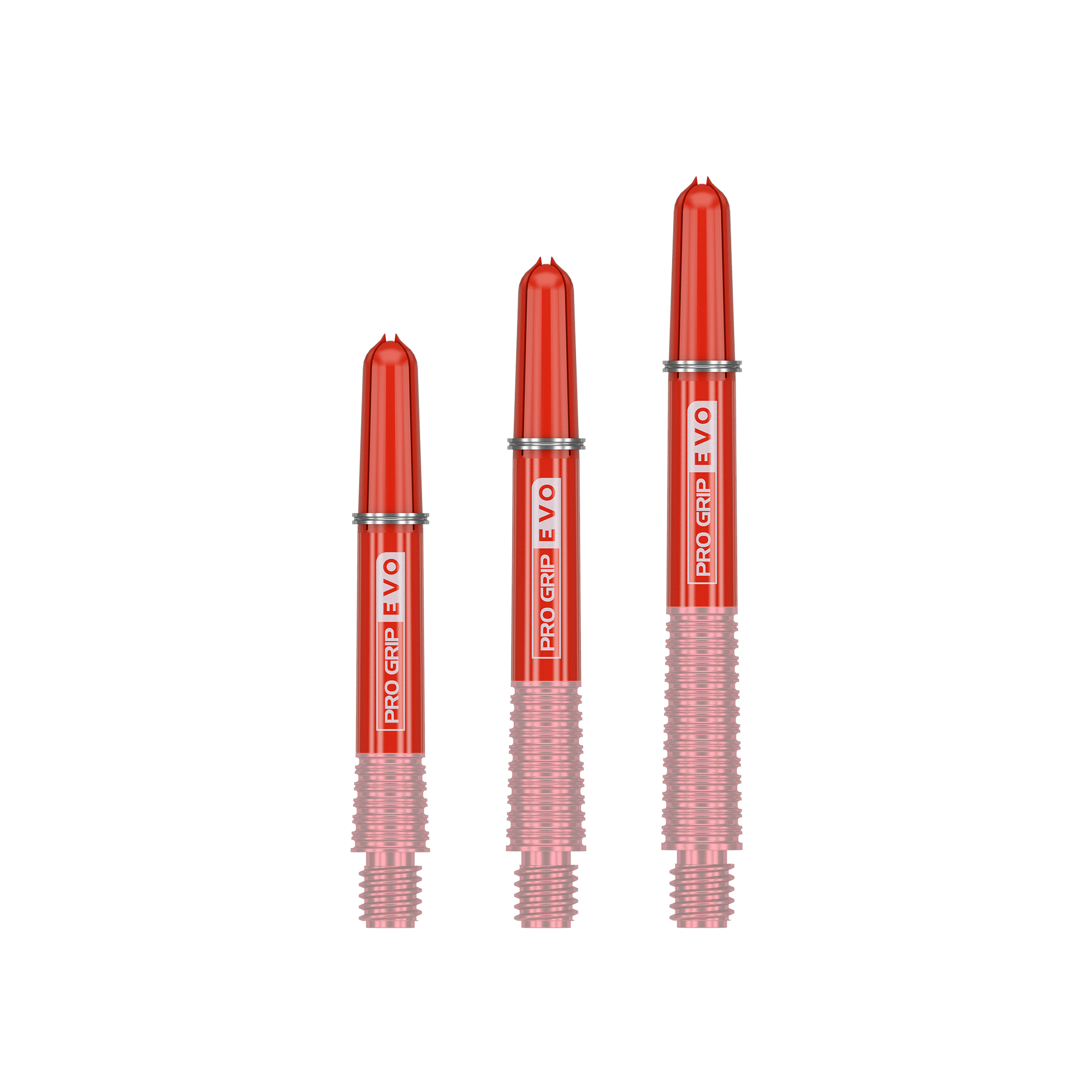 380085_Target_ProGrip_EVO_Tops_Rot_2 Das Bild zeigt drei rote Ersatztops für Dartshafts mit der Aufschrift "Pro Grip EVO". Sie sind unterschiedlich lang und gehören zum Produkt "Target Pro Grip EVO Ersatztops (9er Pack)".