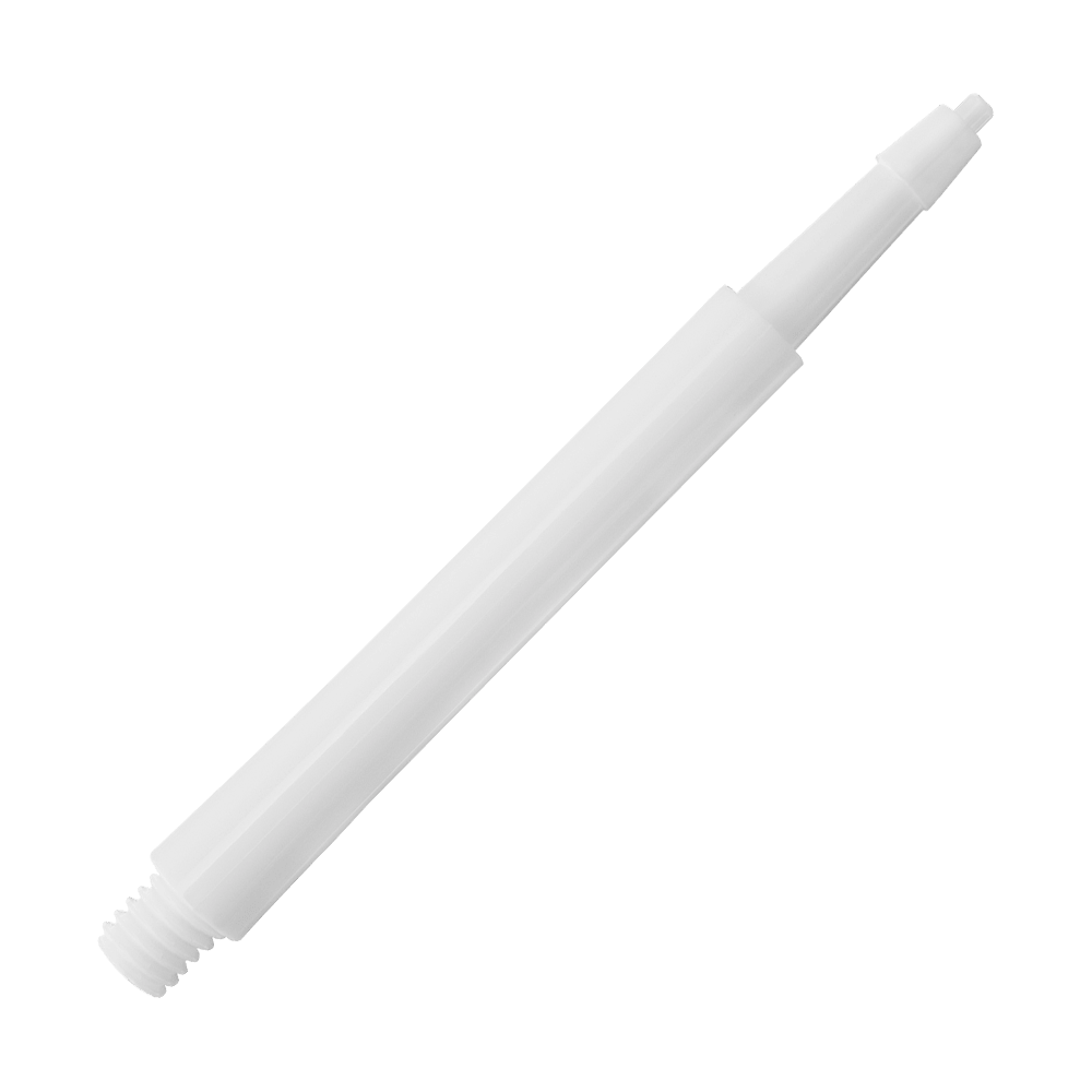 Das Bild zeigt einen weißen Harrows Clic Standard Shaft für Darts. Der Schaft ist aus Kunststoff und hat ein einfaches, geradliniges Design.