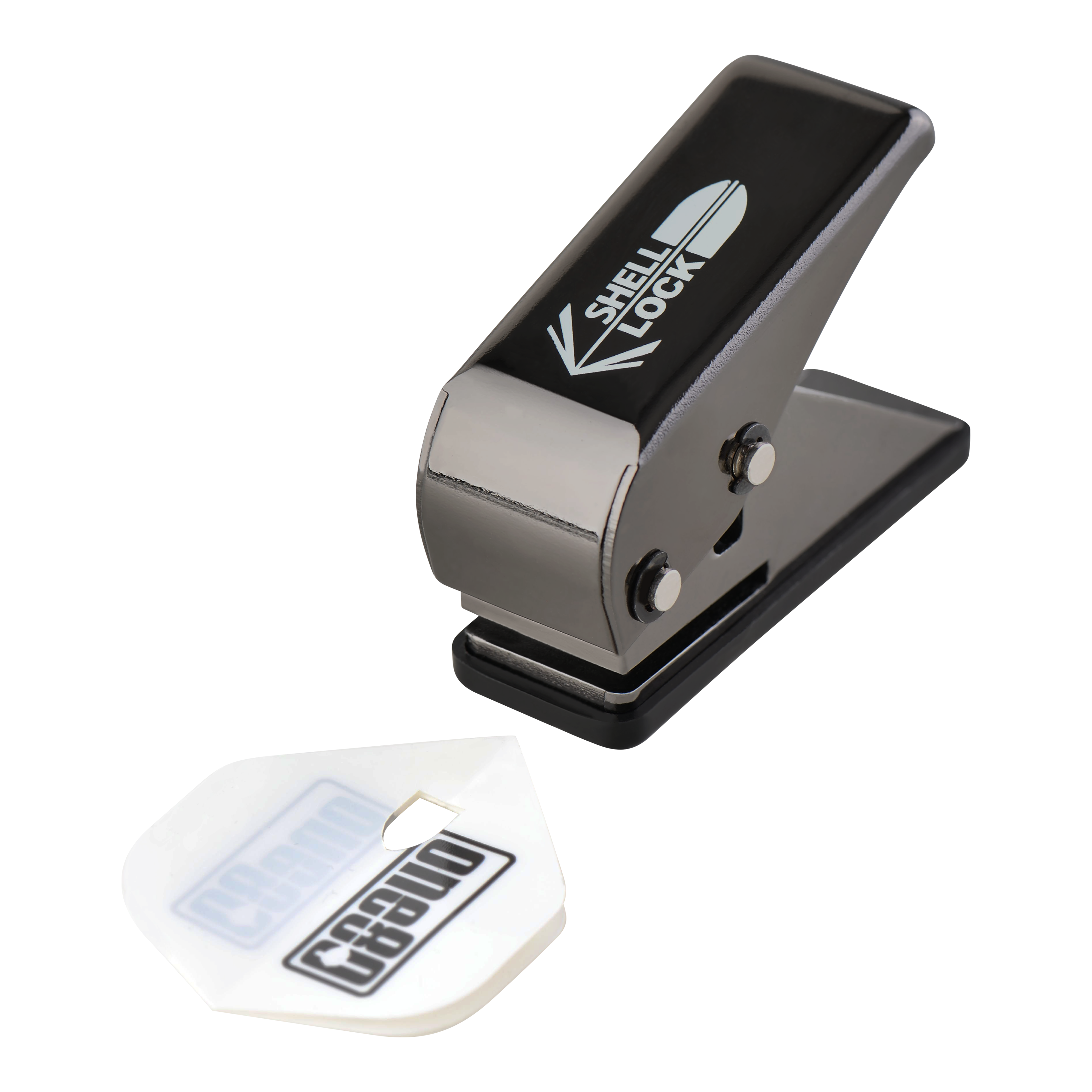 L-Style One80 Shell Lock Punch Vluchtpons Das Bild zeigt den L-Style One80 Shell Lock Punch Flightlocher. Neben dem Locher liegt ein gestanztes Dart-Flight.