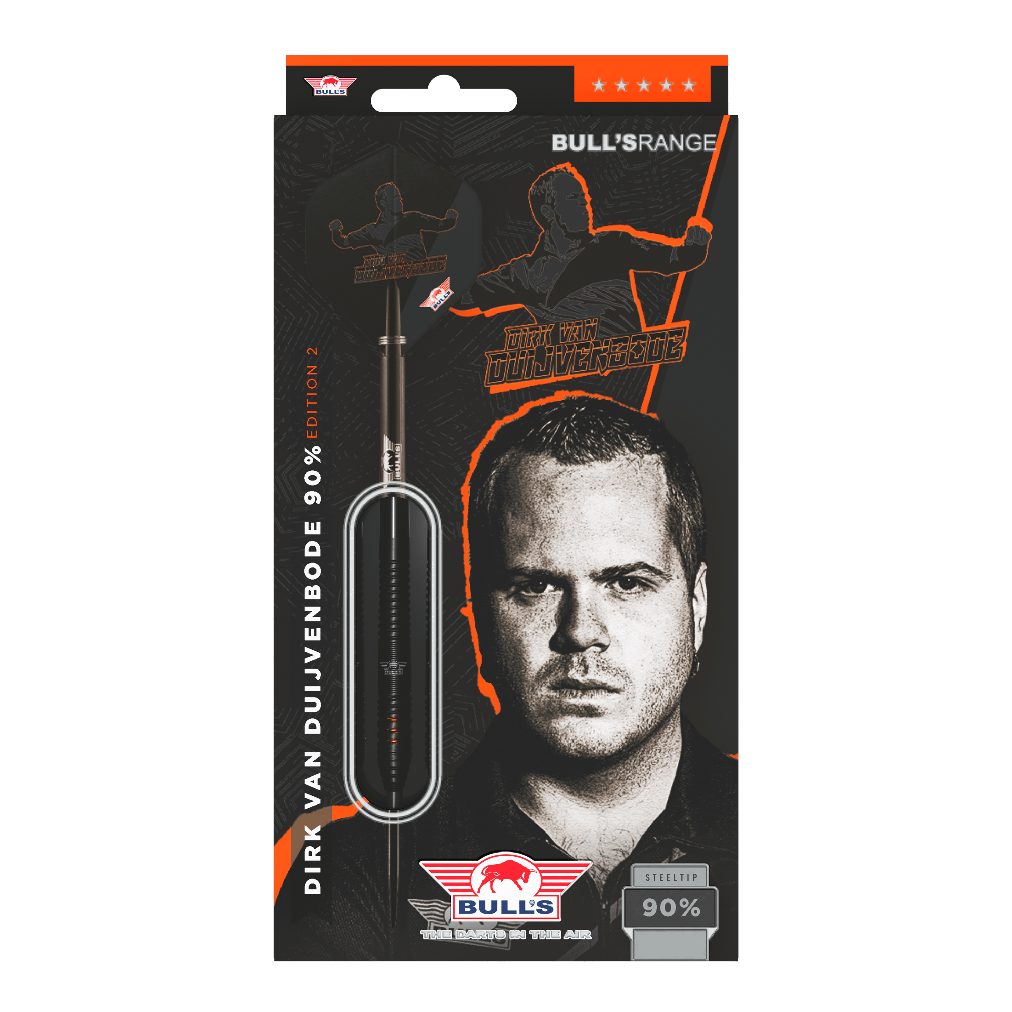 Bulls NL Dirk Van Duijvenbode Editie 2 stalen darts Die Abbildung zeigt die Verpackung der "Bulls NL Dirk Van Duijvenbode Edition 2 Steeldarts". Auf der Verpackung ist ein Bild von Dirk Van Duijvenbode sowie ein Dartpfeil zu sehen.