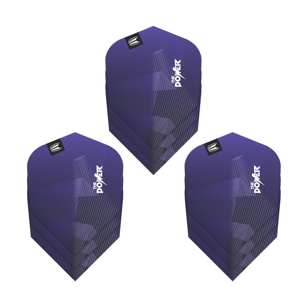 Target Pro Ultra Phil Taylor Power GEN10 Tien-X-vluchten - 3 sets Das Bild zeigt drei Sätze der Target Pro Ultra Phil Taylor Power GEN10 Ten-X Flights. Die Flights sind überwiegend lila mit weißen Schriftzügen und grafischen Mustern gestaltet.