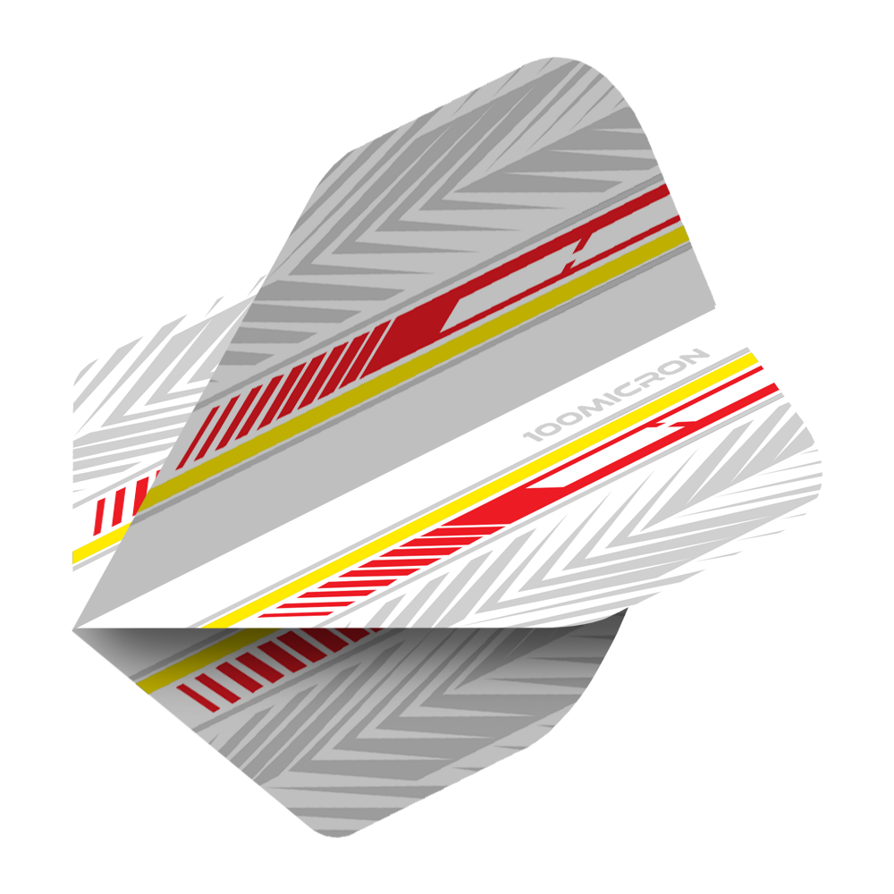 Pentathlon Vluchten wit/rood/geel Das Bild zeigt die Pentathlon White Red Yellow No2 Standard Flights. Die Flights sind überwiegend weiß und grau mit roten und gelben Akzenten sowie einem modernen Muster.