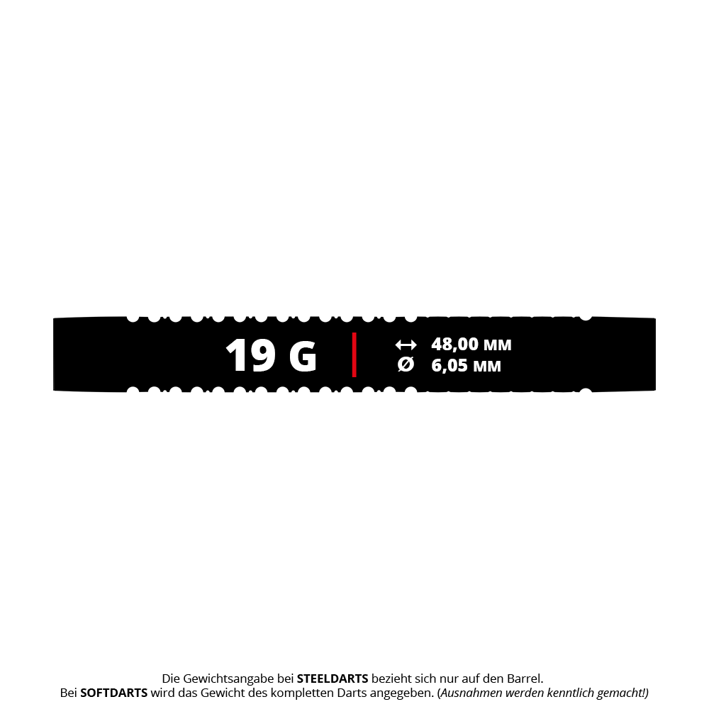 Mission Horus Softdarts - 19g Das Bild zeigt die Produktinformationen der Mission Horus Softdarts mit einem Gewicht von 19 Gramm. Die Länge beträgt 48,00 mm und der Durchmesser 6,05 mm.