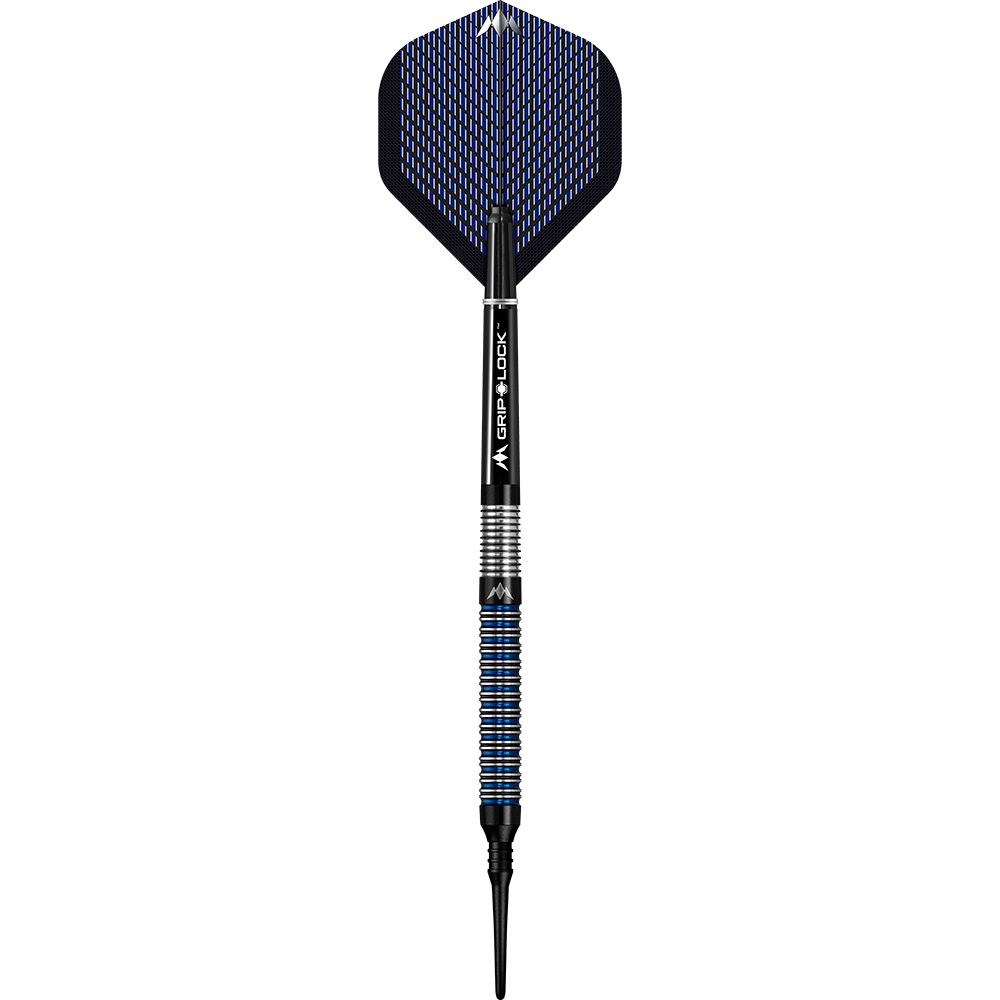 Mission Nightfall Model 1 zachte darts Das Bild zeigt einen Softdart namens "Mission Nightfall Model 1". Der Dart hat schwarze und blaue Akzente sowie eine strukturierte Griffzone.