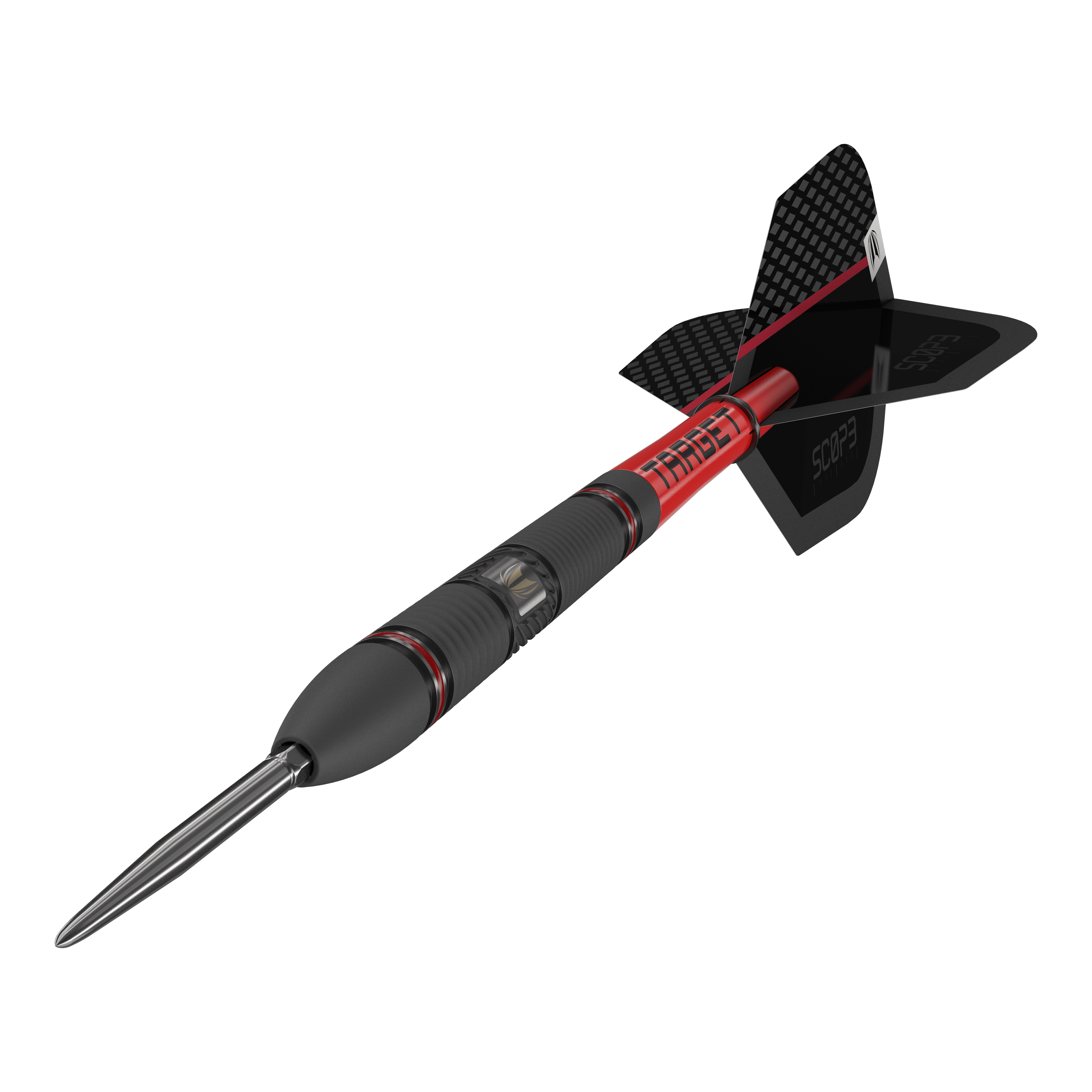 Target Scope 02 Swiss Point stalen darts Das Bild zeigt den Target Scope 02 Swiss Point Steeldart. Der Dartpfeil hat ein schwarzes und rotes Design mit einer metallischen Spitze und schwarzen Flights.