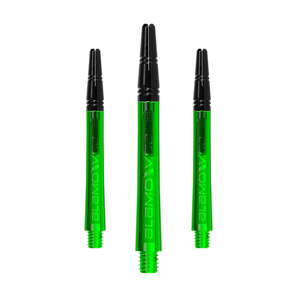 Harrows Alamo VS2 Shafts - Groen Ein Set langer Dart-Schäfte mit glänzender Textur ist zu sehen. Die Schäfte liegen sortiert nebeneinander.