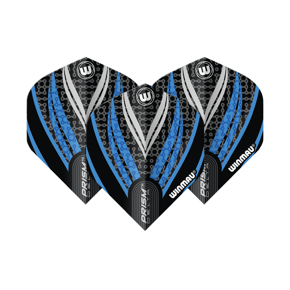 Winmau Prism Delta Zwart Wit Blauw Nr. 2 Standaardvluchten Das Bild zeigt drei Dart-Flights des Modells "Winmau Prism Delta" in Schwarz, Weiß und Blau. Die Flights haben ein modernes, gemustertes Design mit den Markenaufschriften "Winmau" und "Prism Delta".