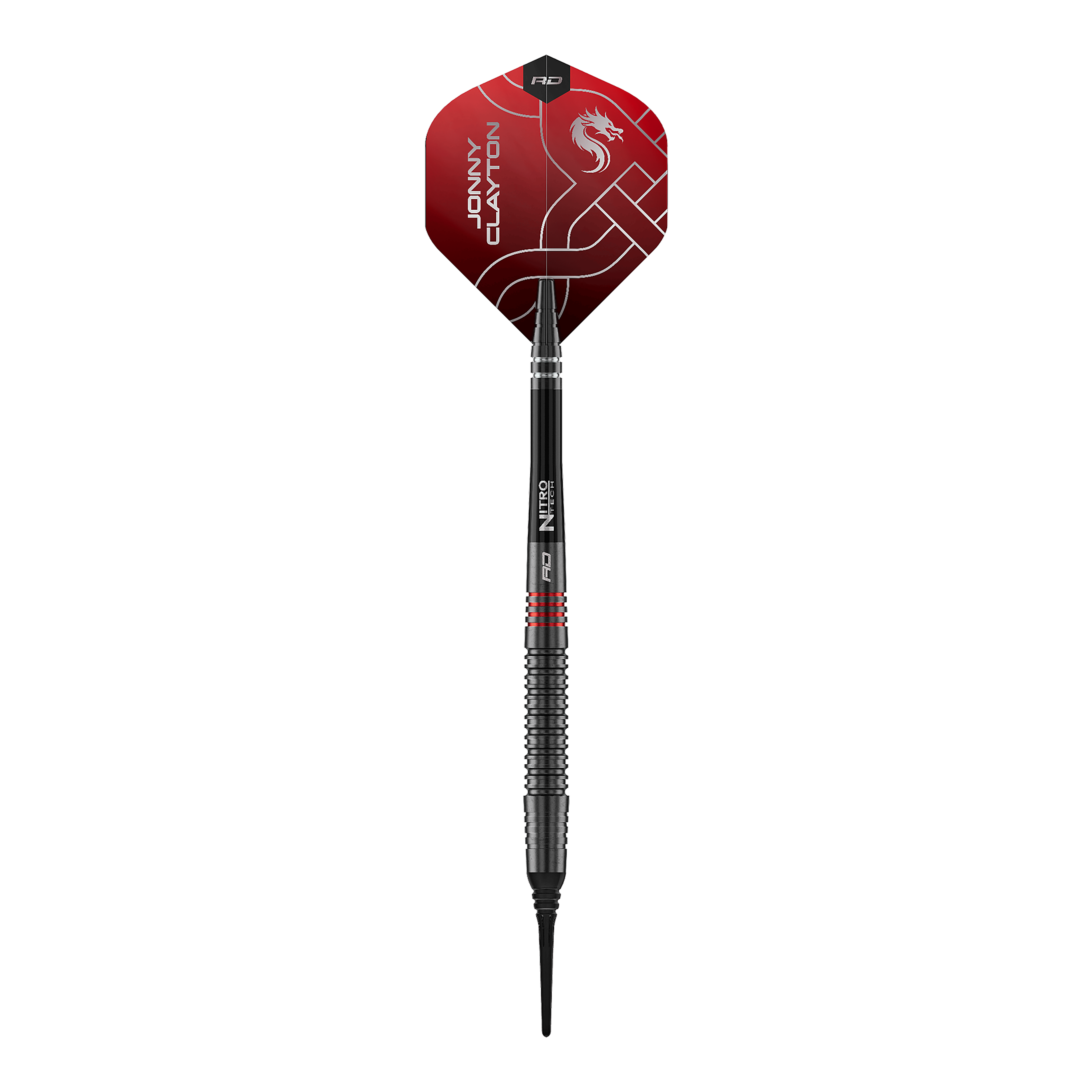 Das Bild zeigt die Red Dragon Jonny Clayton RD-ADV Softdarts - 18g. Ein einzelner Softdart wird von oben präsentiert.