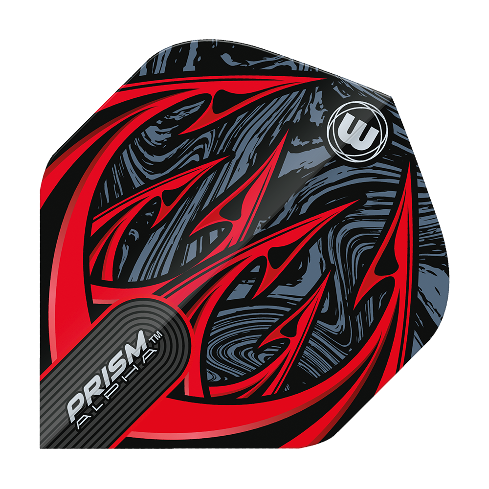 6915-195_Winmau_Prism_Alpha_Diablo_Standard_Flights_1xEMGQ1MIWV1Rk Das Bild zeigt ein Dartflight des Modells "Winmau Prism Alpha Diablo Standard Flights". Das Design ist auffällig mit roten, spitzen Mustern und einem schwarz-grauen Hintergrund.