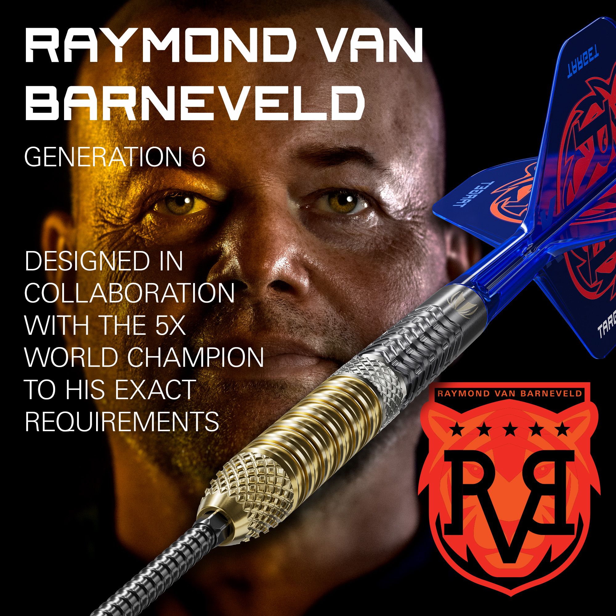 Target Raymond Van Barneveld GEN6 Swiss Point stalen darts Das Foto präsentiert die Target Raymond Van Barneveld GEN6 Swiss Point Steeldarts. Das Design der Darts ist modern und von Raymond Van Barneveld inspiriert.
