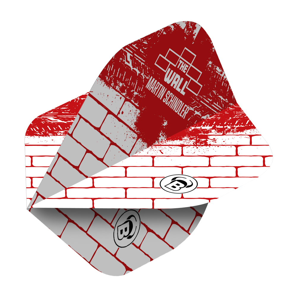 Bulls Metrixx Martin Schindler Wit Rood Nr. 2 Standaard Vluchten Das Bild zeigt ein Dartflight im roten und weißen Ziegelstein-Design mit der Aufschrift "The Wall Martin Schindler". Das Produkt ist ein Bulls Metrixx Martin Schindler White Red No2 Standard Flight.